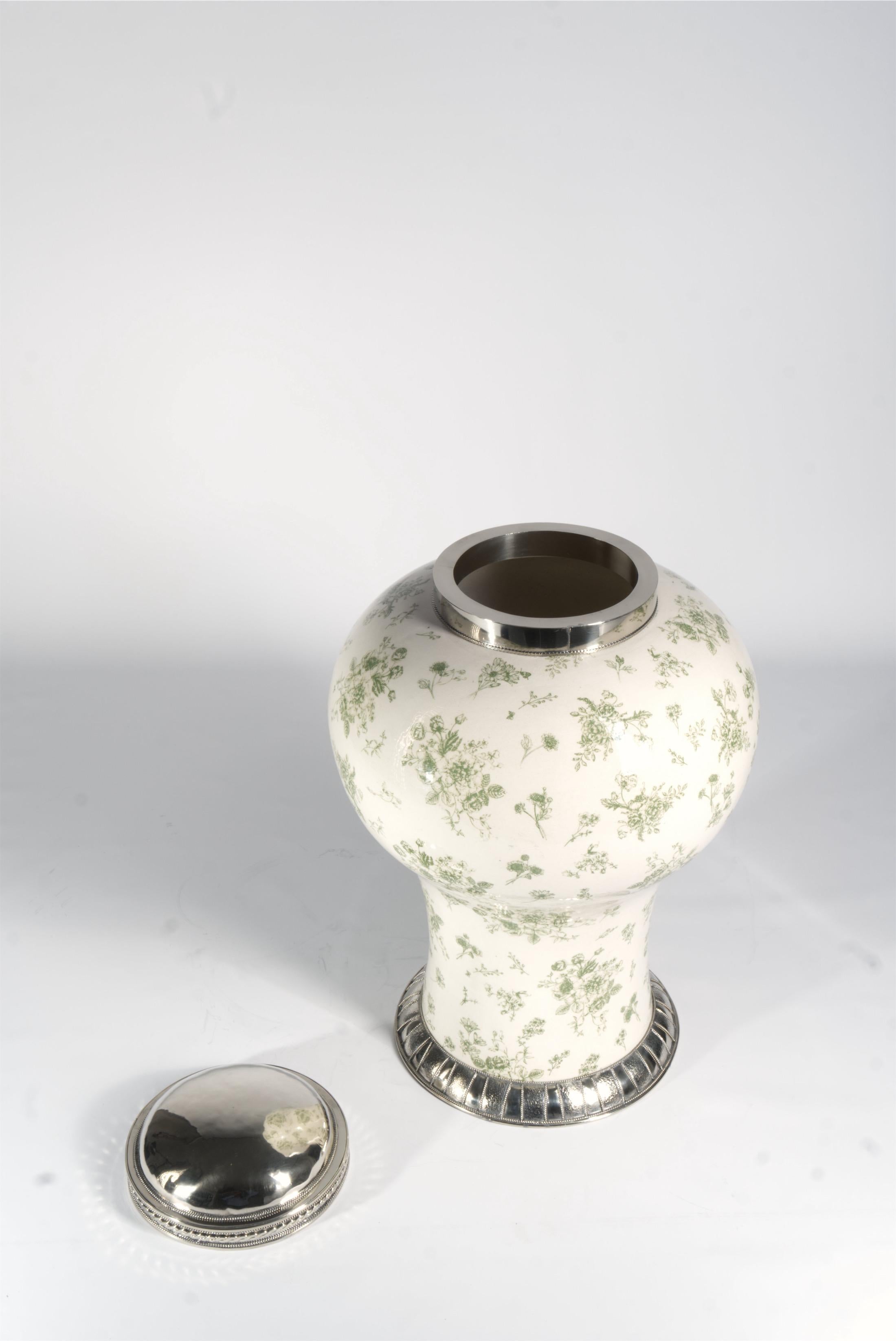 Contemporary Green Jar by Estudio Guerrero, Glazed Ceramic and White Metal