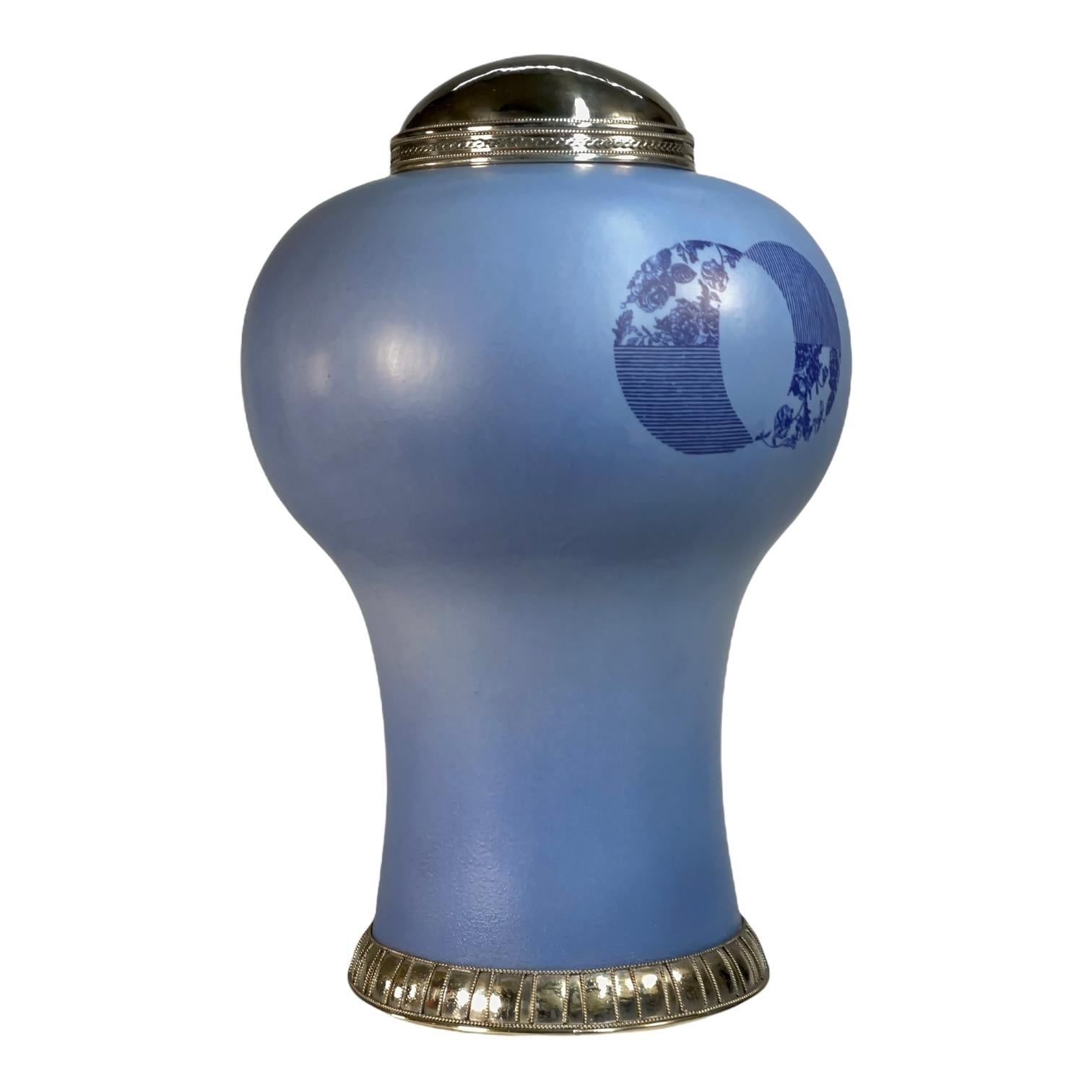 Contemporary Blue Jar by Estudio Guerrero, Glazed Ceramic and White Metal For Sale