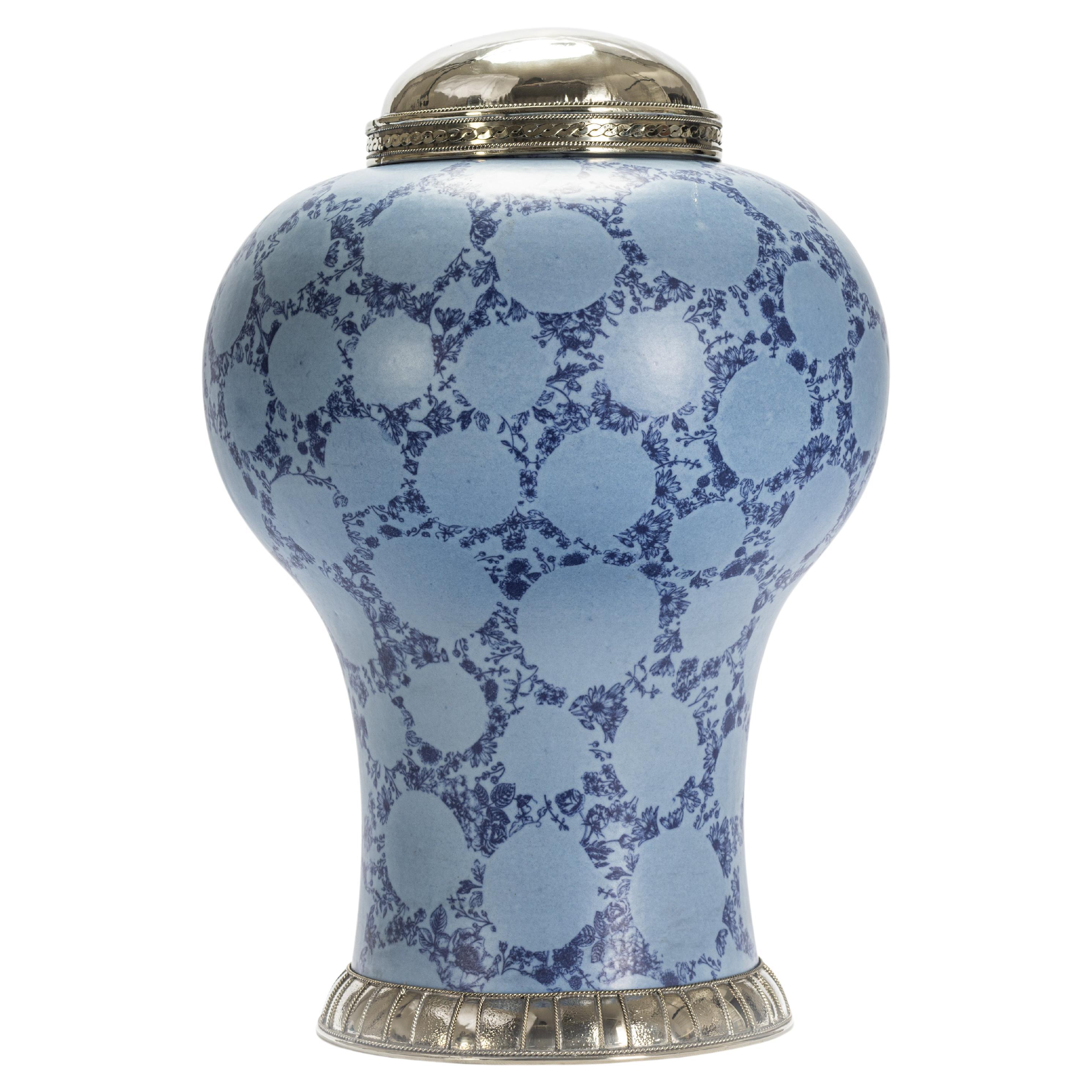 Blue Jar by Estudio Guerrero, Glazed Ceramic and White Metal