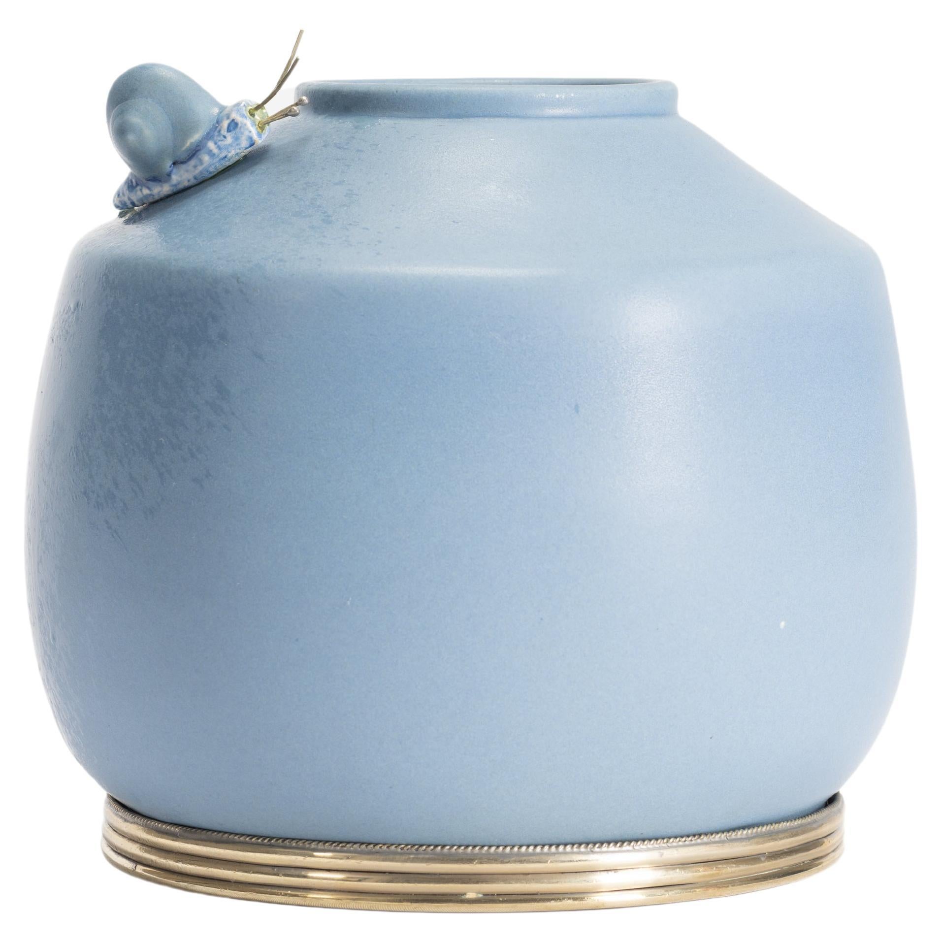 Blue Jar by Estudio Guerrero, Glazed Ceramic and White Metal
