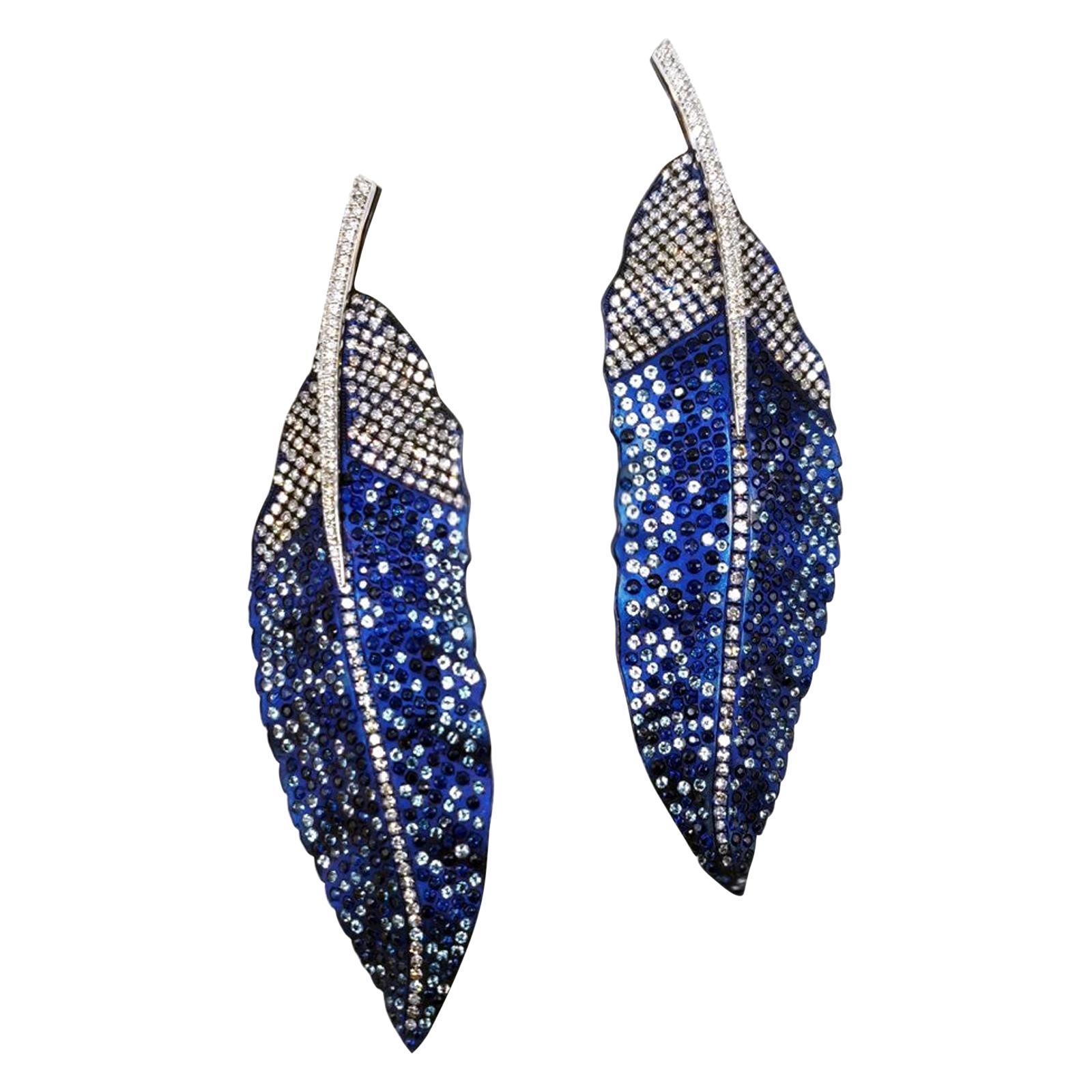 Exotic Handcrafted Blue Jay Feather Earrings in Titanium & Gold with Diamonds For Sale