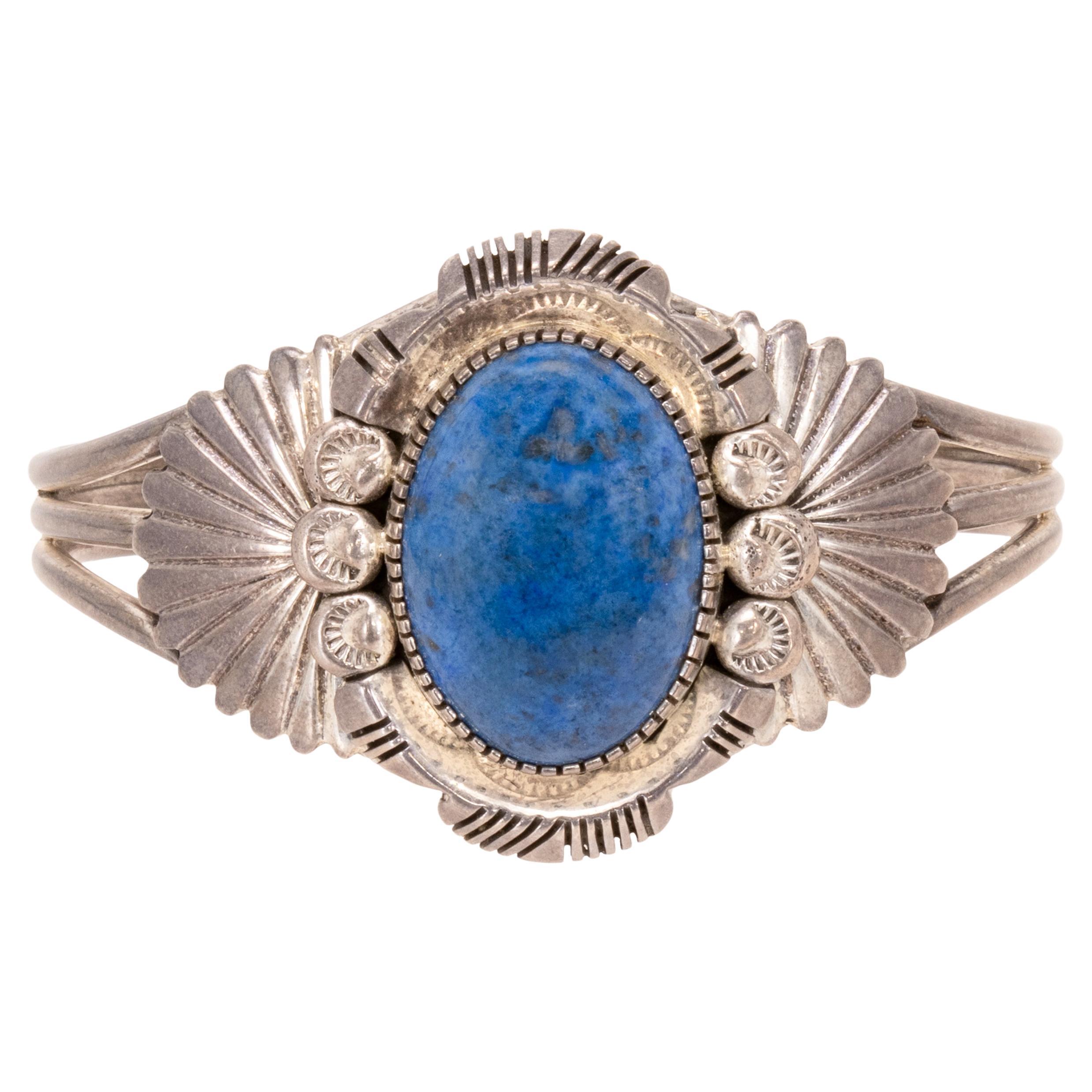 Bracelet manchette en lapis bleu et argent