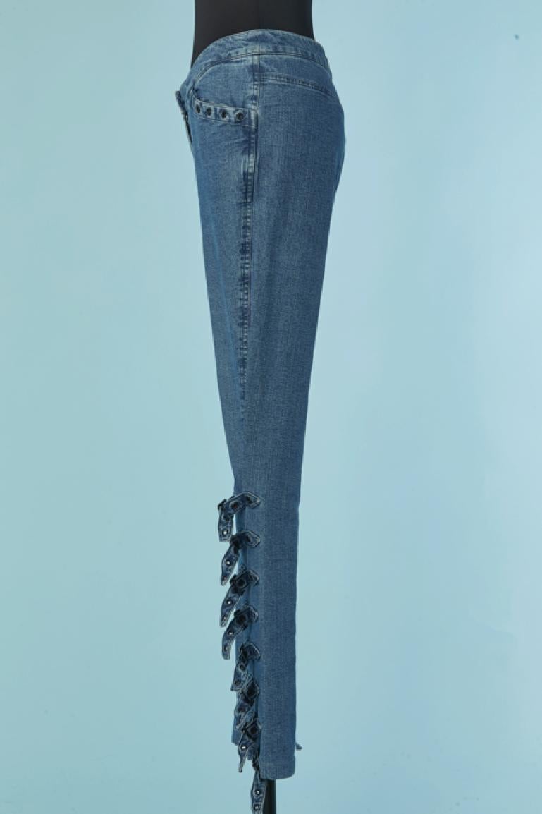 Blue jeans with silver metal buckle on the bottom Christian Dior For Sale 1