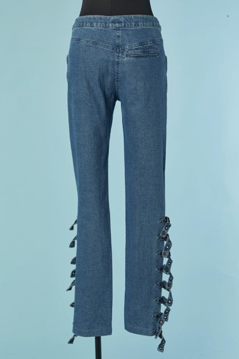 Blue jeans with silver metal buckle on the bottom Christian Dior For Sale 2