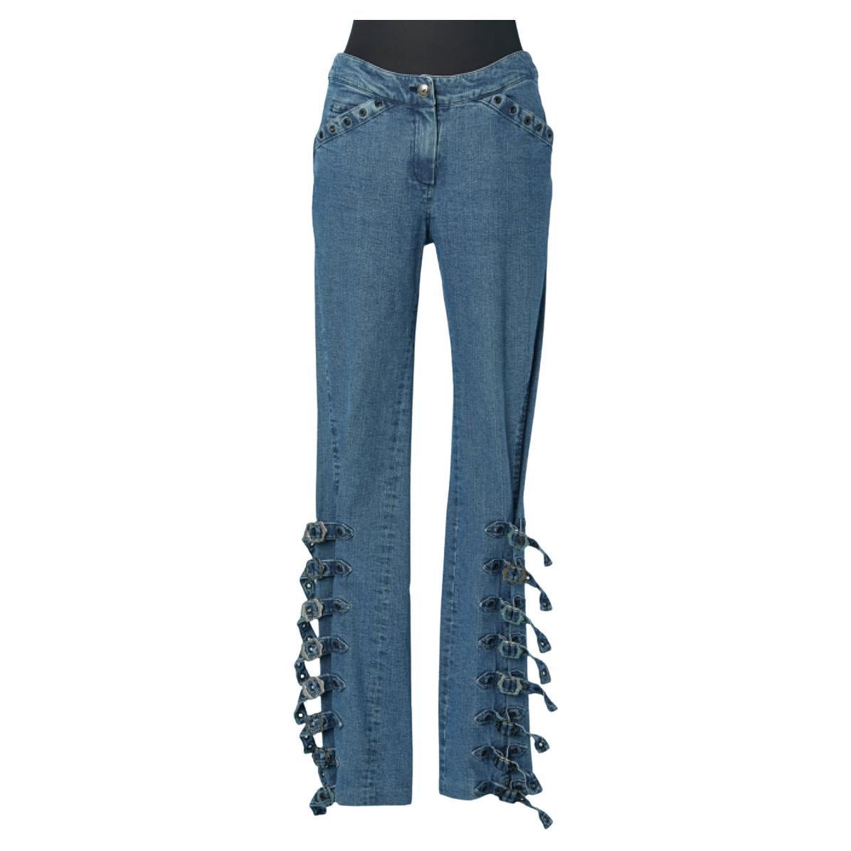 Blue jeans with silver metal buckle on the bottom Christian Dior For Sale