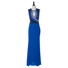 Vestido de noche de jersey y tul azul con pedrería azul Gai Mattiolo Love to Love