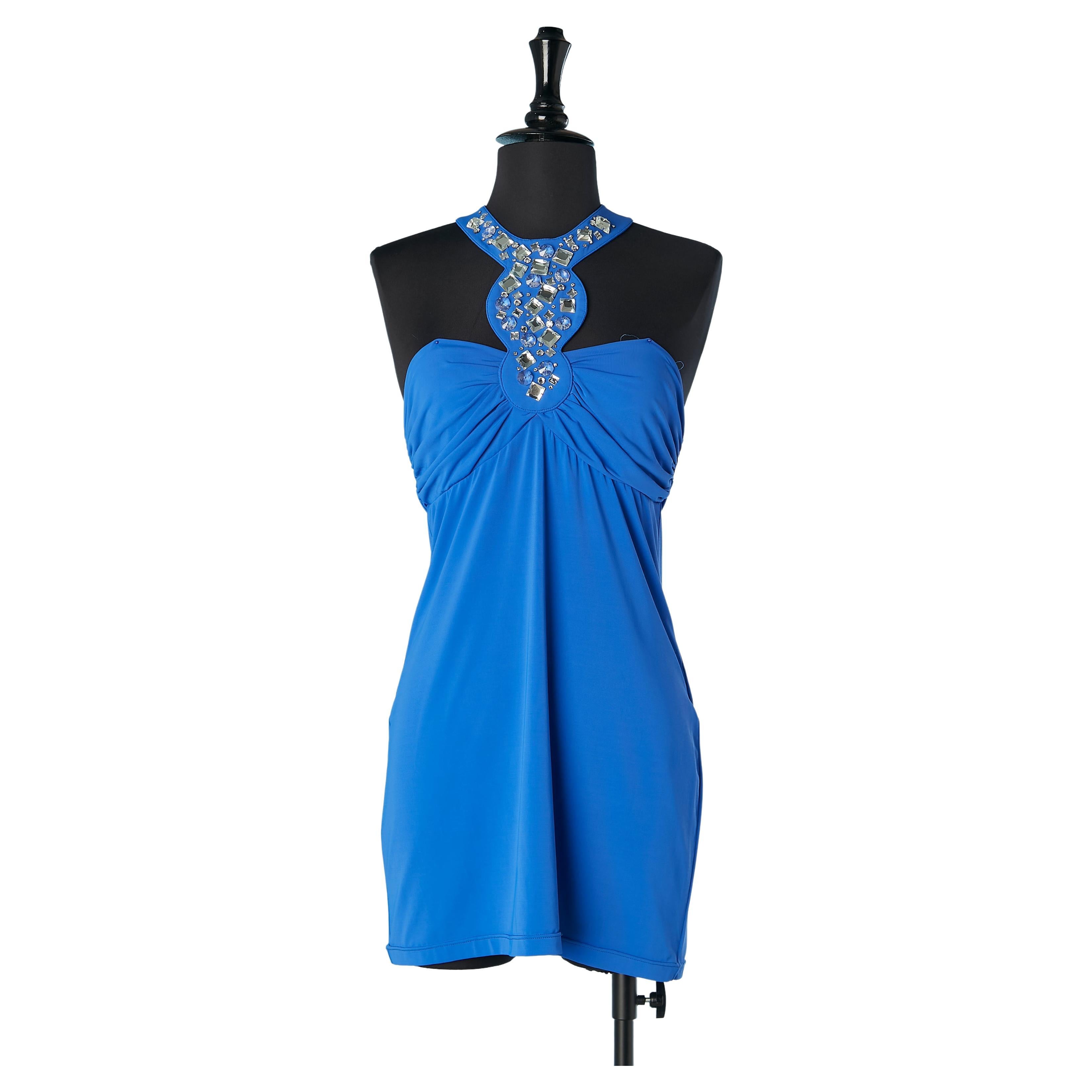 Blue jersey cocktail mini-dress with rhinestone embellishment Blugirl  For Sale
