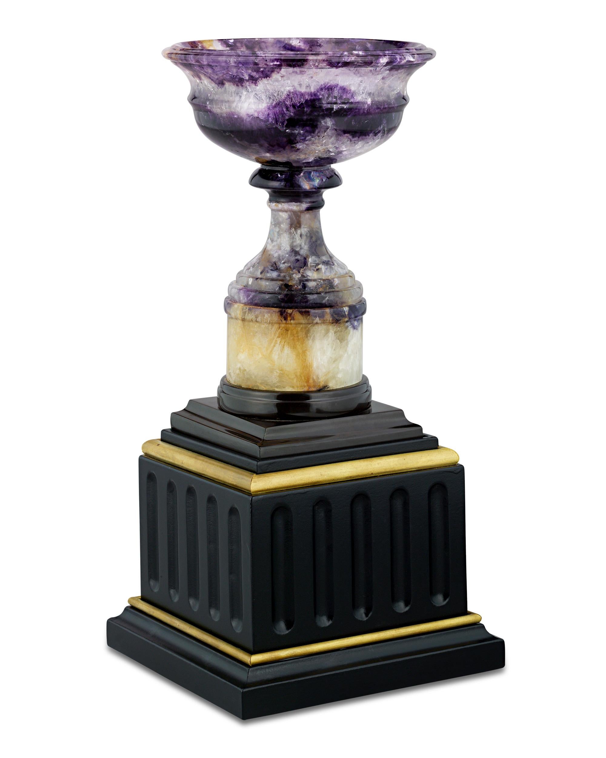 This impressively statuesque 19th-century tazza is crafted from a stunning example of Derbyshire Blue John, one of the rarest and most coveted minerals in the world. The hardstone is highly prized thanks to its natural patterns and striations, as