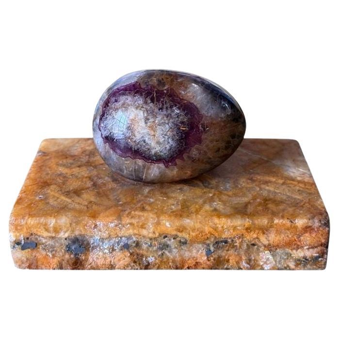 Blue John Paperweight Egg Mounted on Fluorspar Base, Early 20th Century