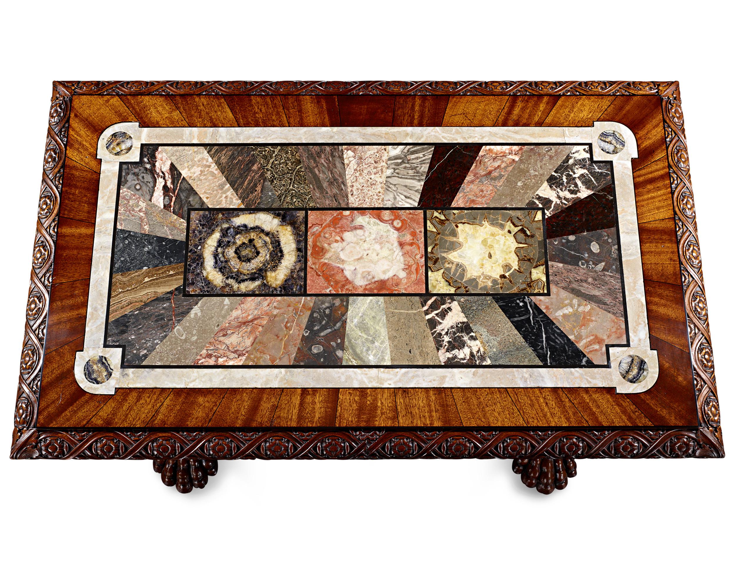 This monumental table is a rare masterpiece of English furniture, custom-made by the Royal Marble Works for an important titled estate. Its striking design combines stunning Blue John and other important British fossil, marble and mineral specimens