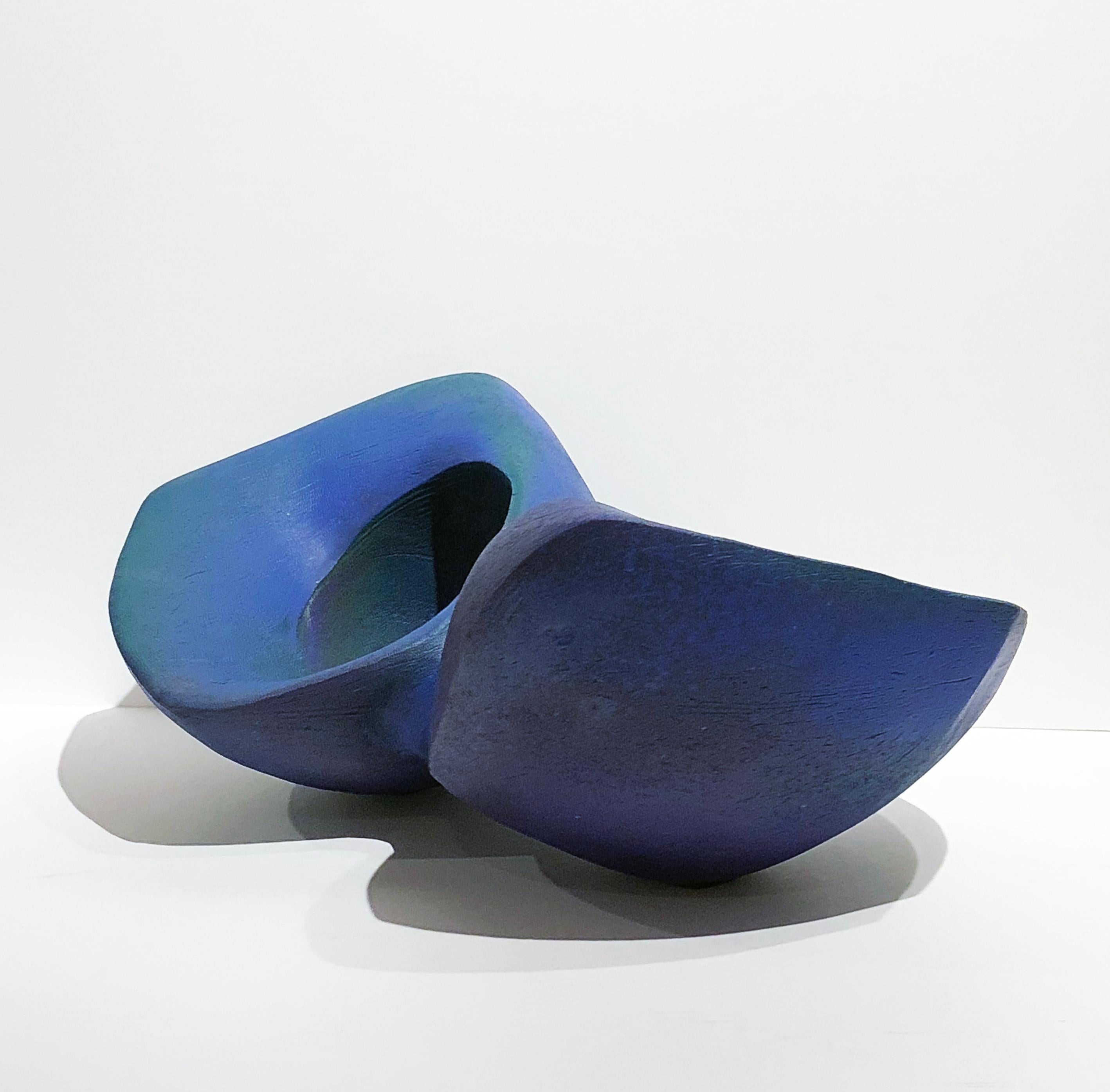 Modern Blue Join, Hand Built Ceramic Double Bowl Vessel Organic Sculptural Art Object