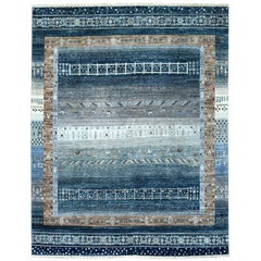 Blue Kashkuli Gabbeh Pictorial Pure Wool Hand Knotted Oriental Rug