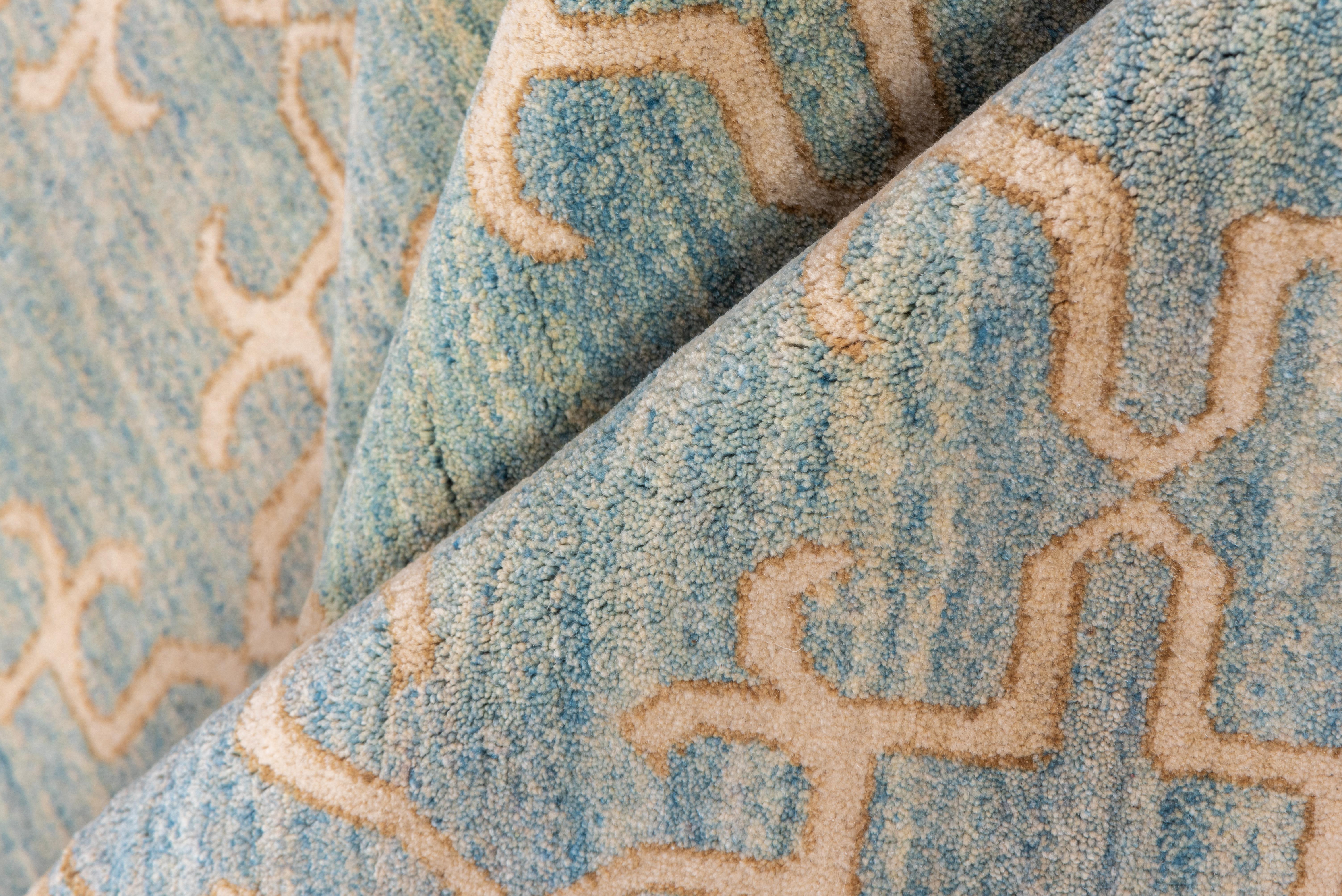 Hand-Knotted Blue Khotan Design Carpet, Allover Field, Unusual Design