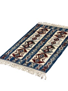 Blue Kilim Rug Geometric Handmade Carpet Oriental Cream Tribal Rug