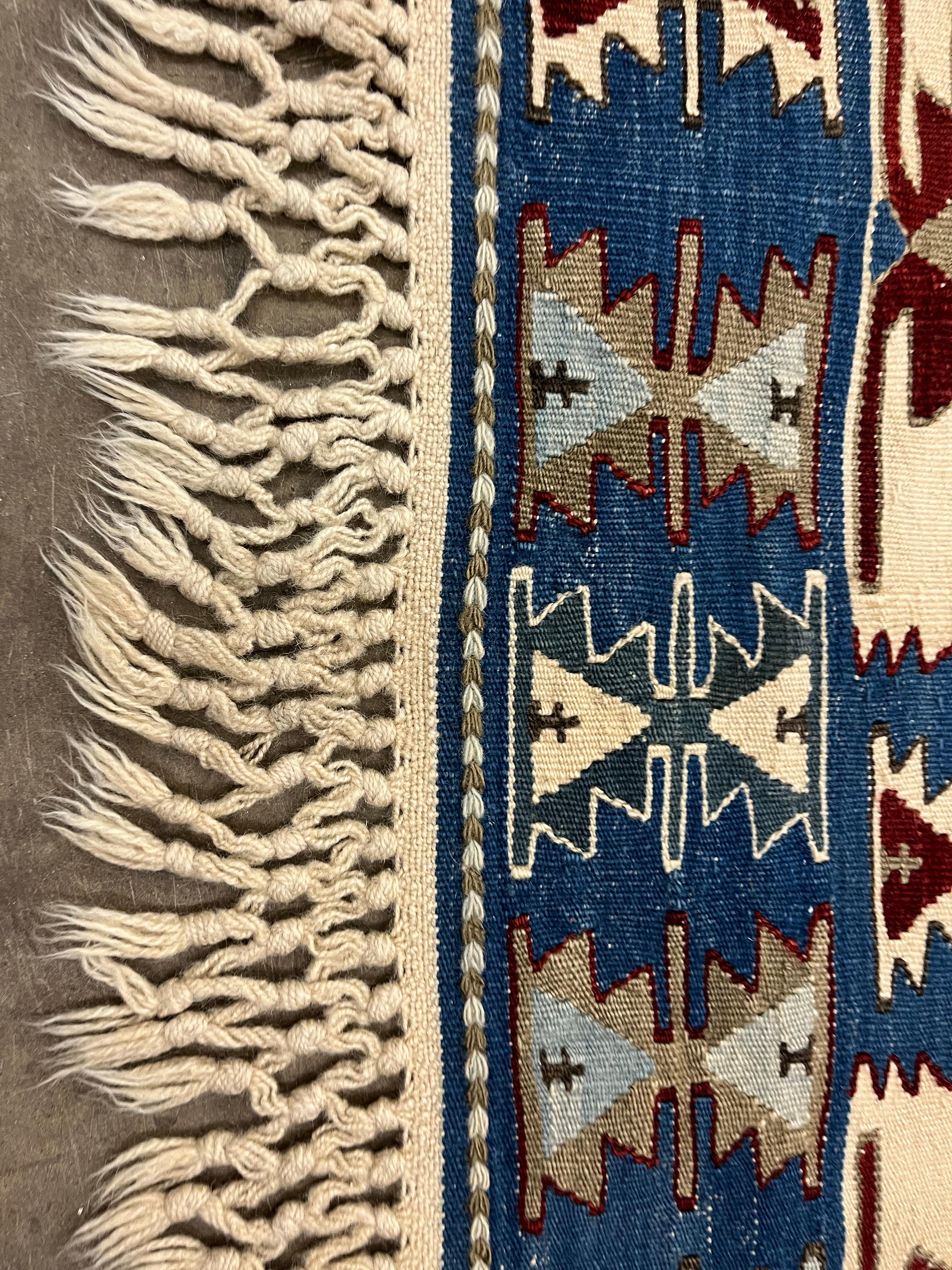 Turkish Blue Kilim Rug Geometric Handmade Carpet Oriental Cream Tribal Rug For Sale