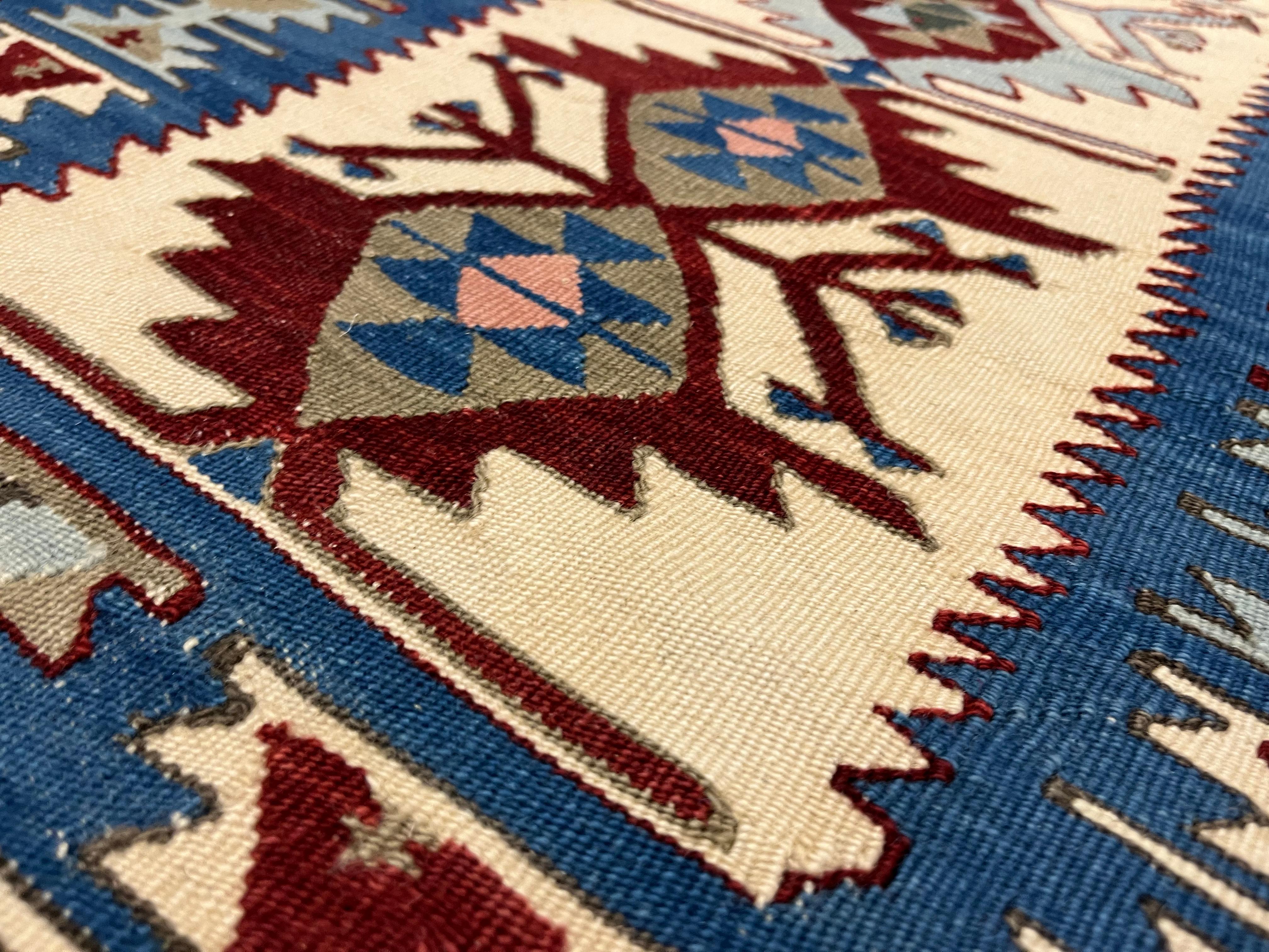 Early 20th Century Blue Kilim Rug Geometric Handmade Carpet Oriental Cream Tribal Rug  For Sale