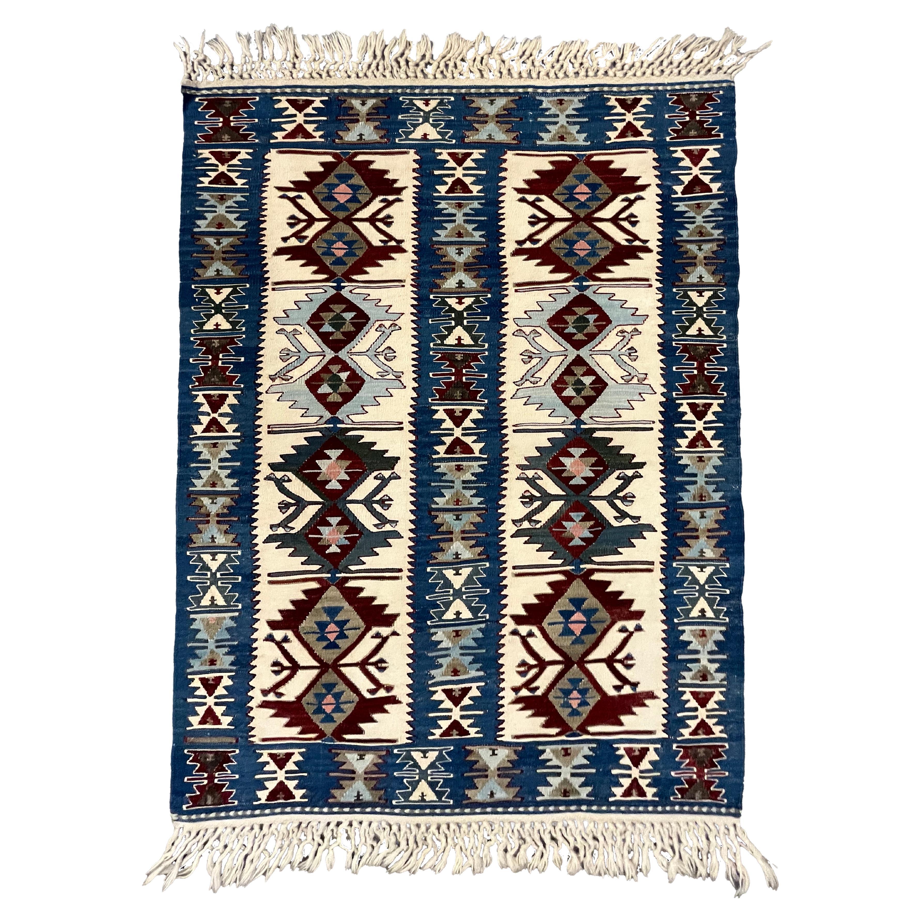 Blue Kilim Rug Geometric Handmade Carpet Oriental Cream Tribal Rug 