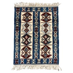 Blauer blauer Kelim-Teppich Geometrischer handgefertigter Teppich Orientalischer Cremefarbener Stammesteppich 