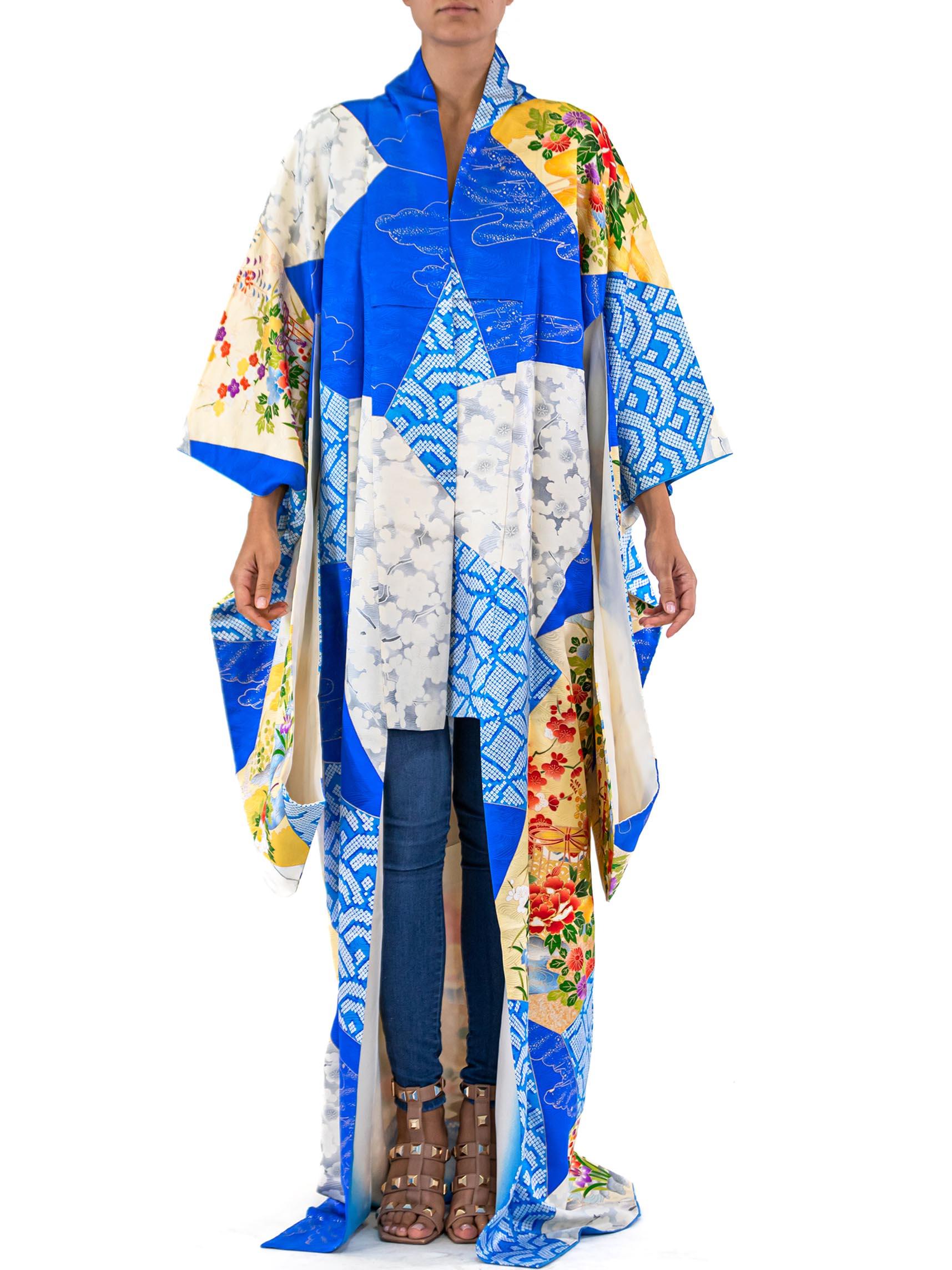 Women's or Men's Blue Kimono With Gold Flower Garden Scene For Sale