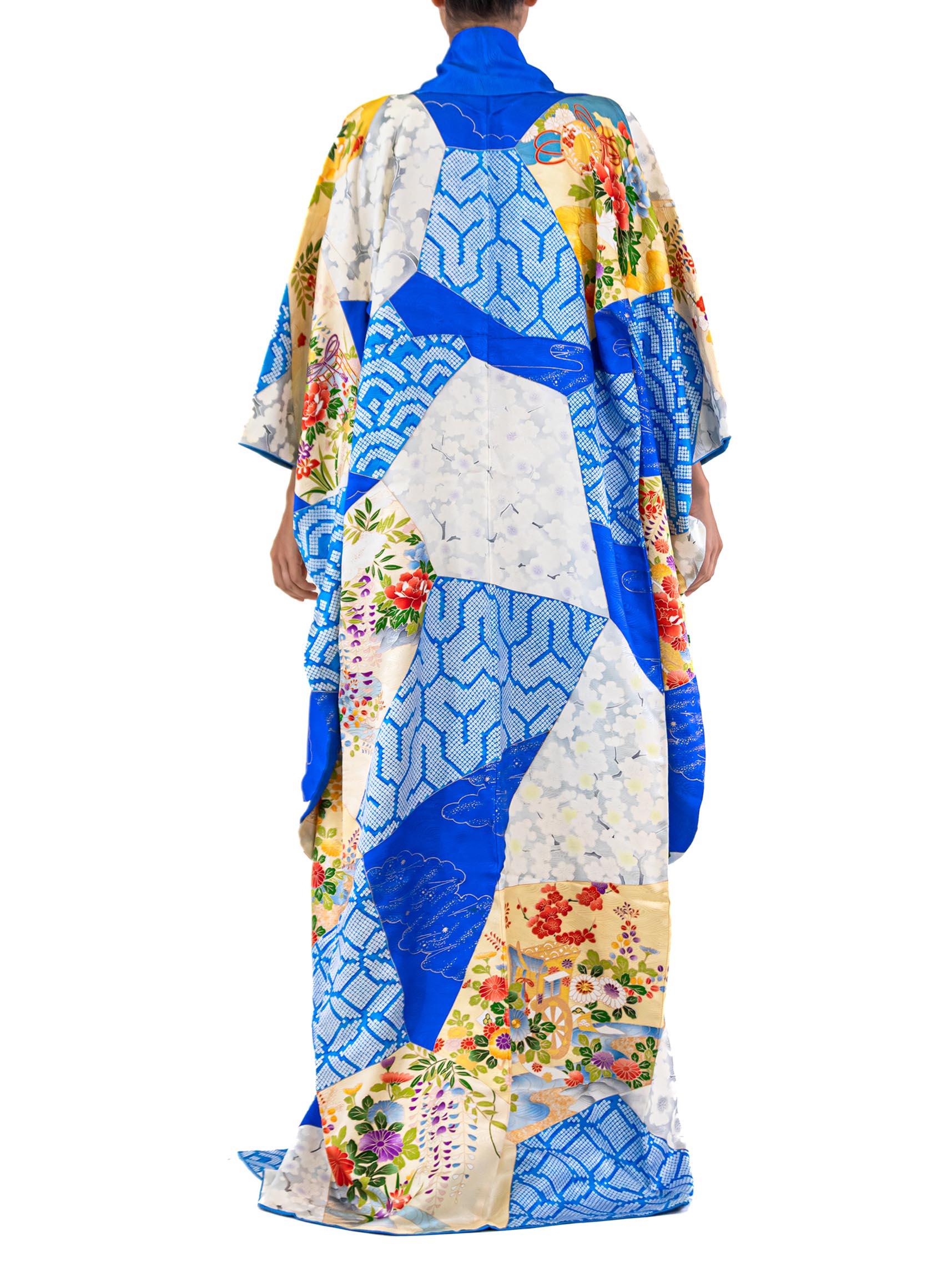Blue Kimono With Gold Flower Garden Scene For Sale 2