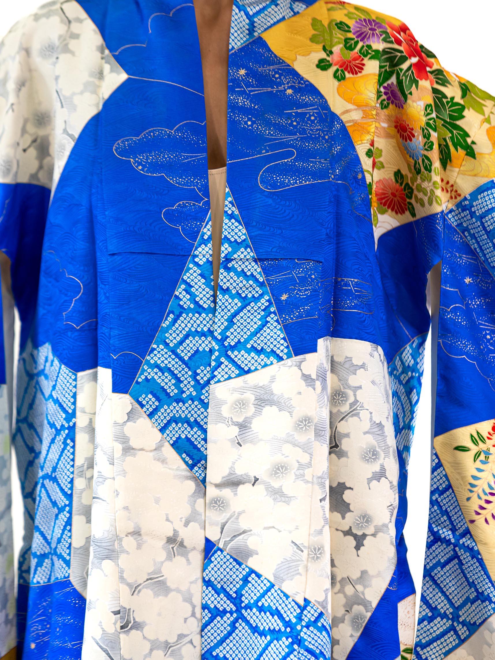 Blue Kimono With Gold Flower Garden Scene For Sale 3