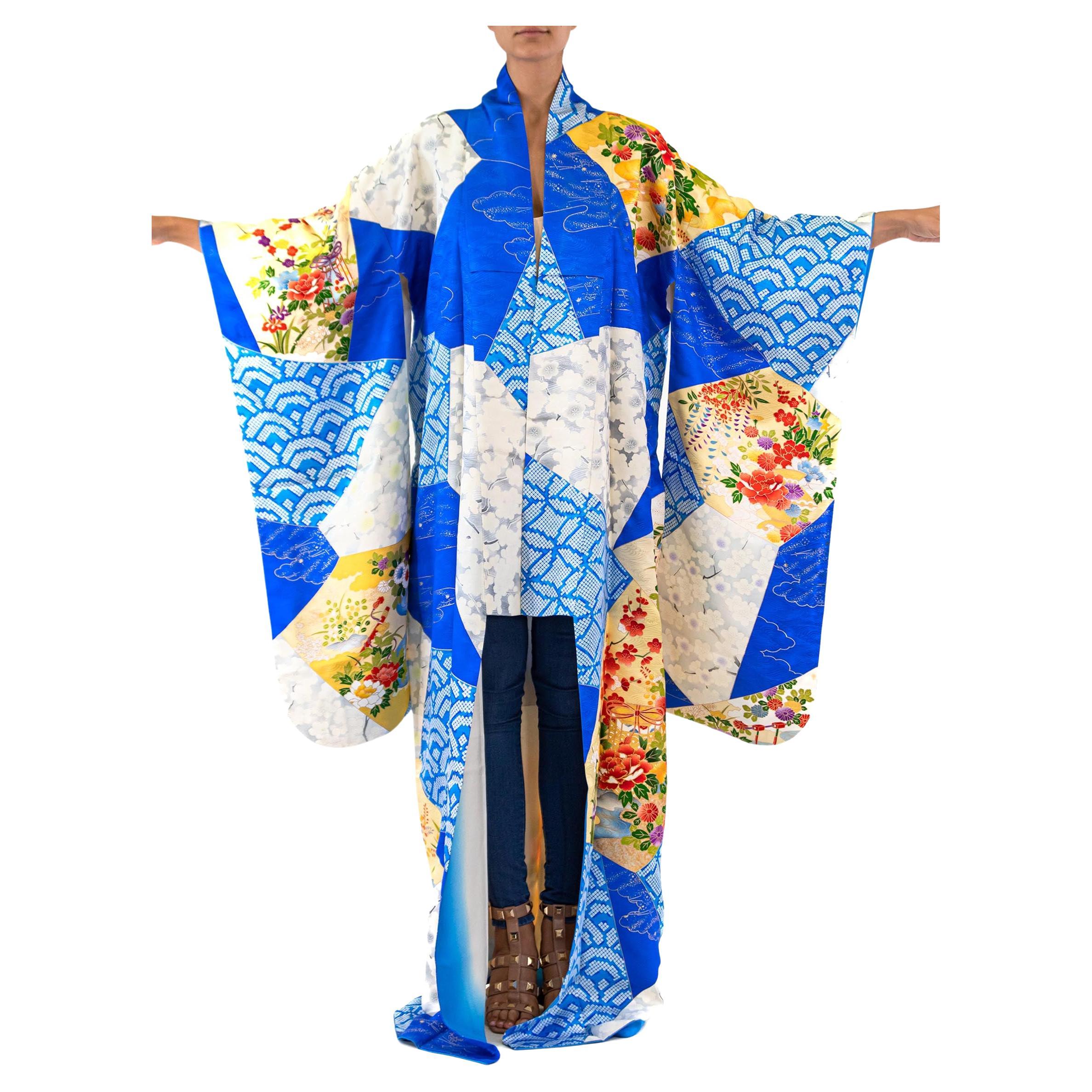Blue Kimono With Gold Flower Garden Scene For Sale