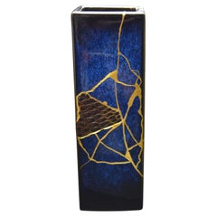 Blue kintsugi vase with crocodile leather
