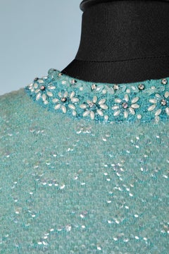 Blue knit sleeveless top covered with sequin, beads and rhinestone Lady Susan