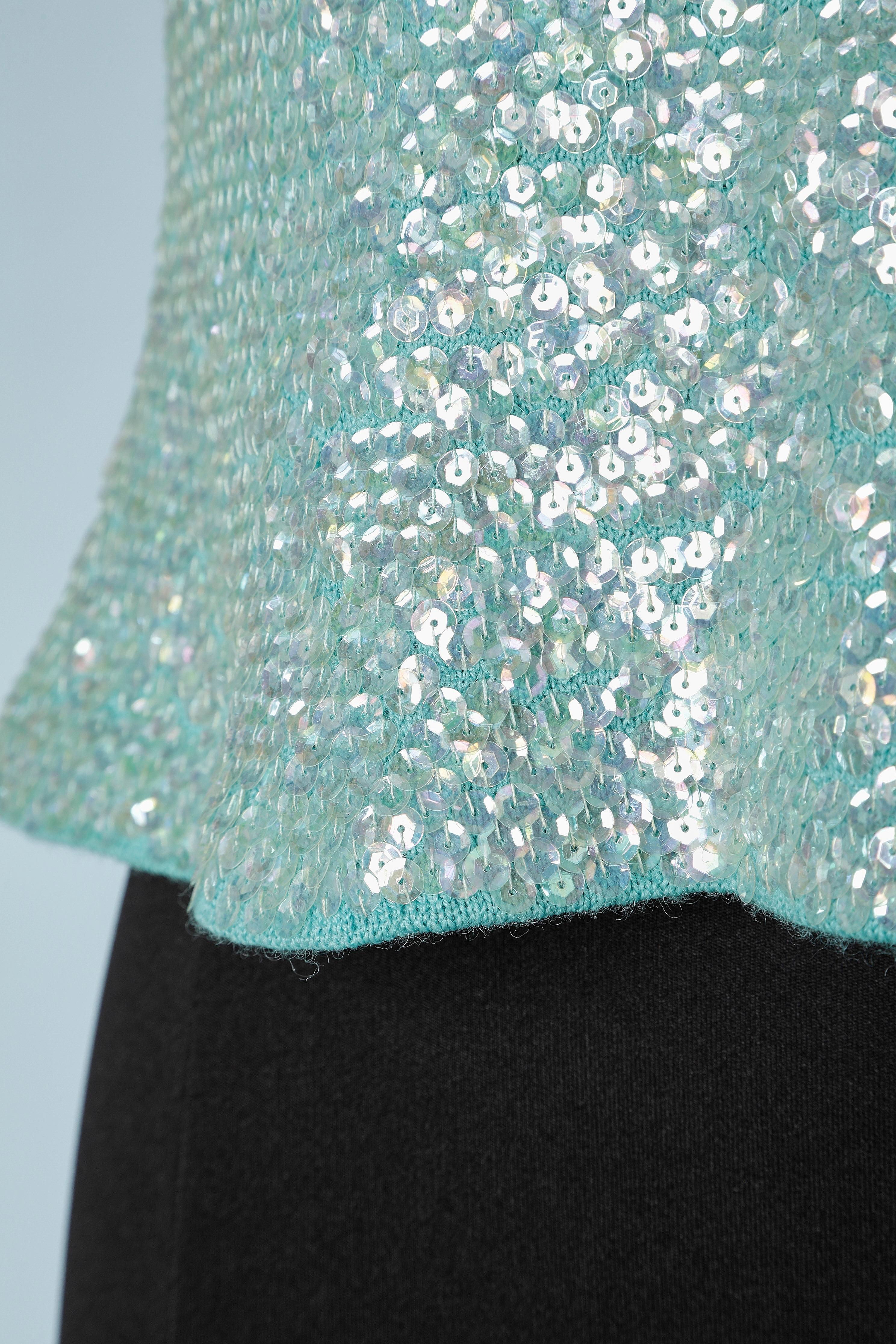 Women's Blue knit sleeveless top covered with sequin, beads and rhinestone Lady Susan For Sale