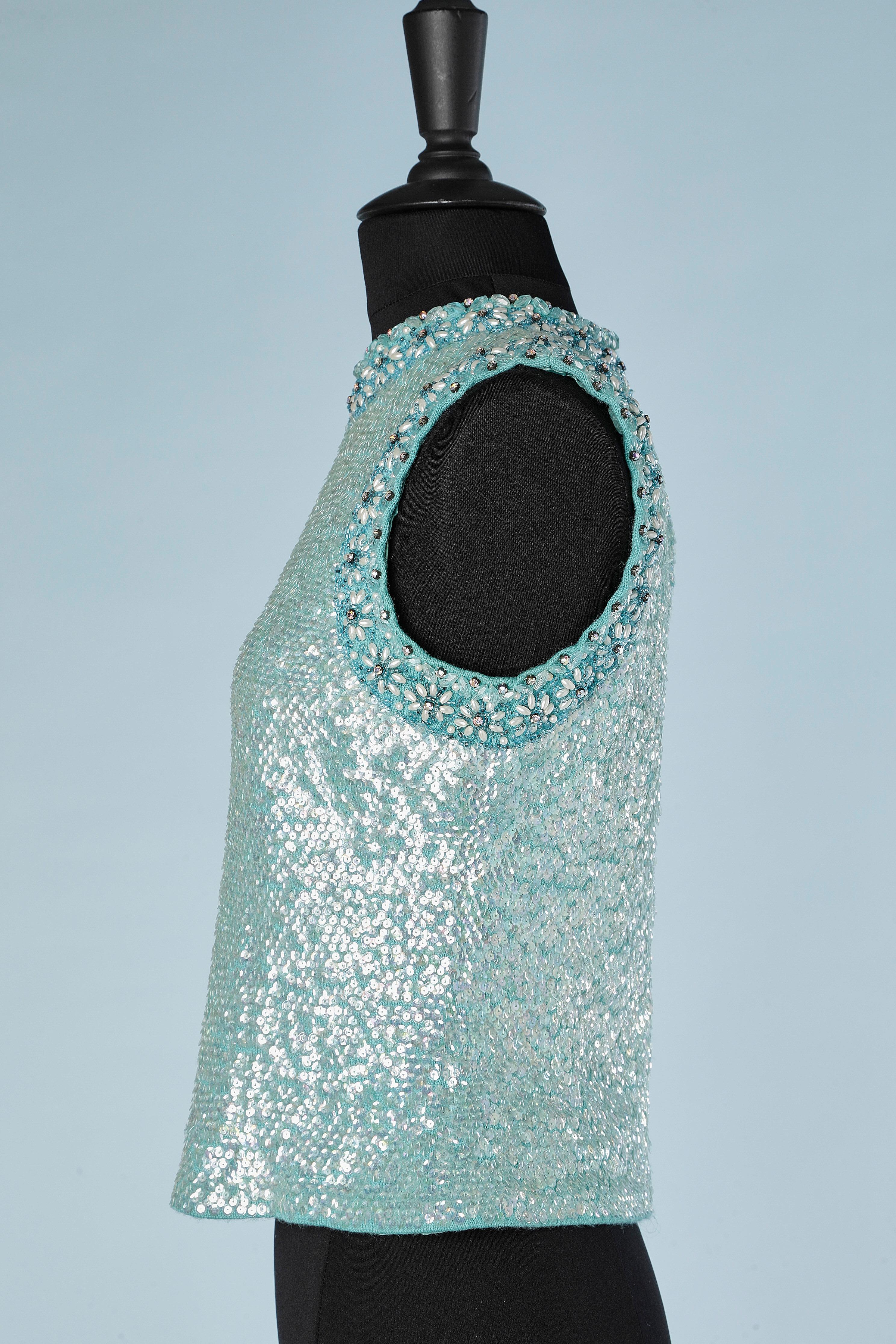 Blue knit sleeveless top covered with sequin, beads and rhinestone Lady Susan For Sale 1