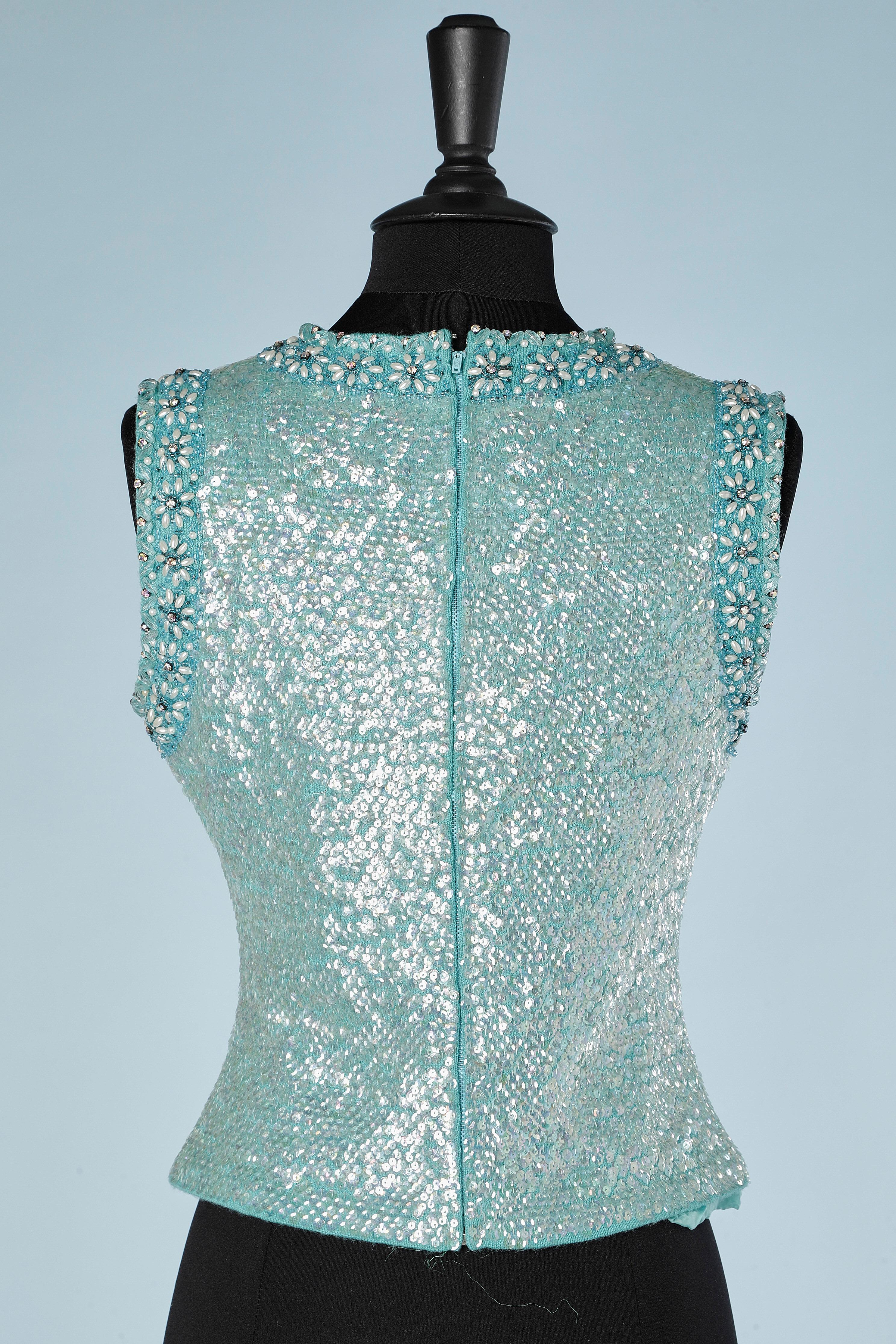 Blue knit sleeveless top covered with sequin, beads and rhinestone Lady Susan For Sale 2