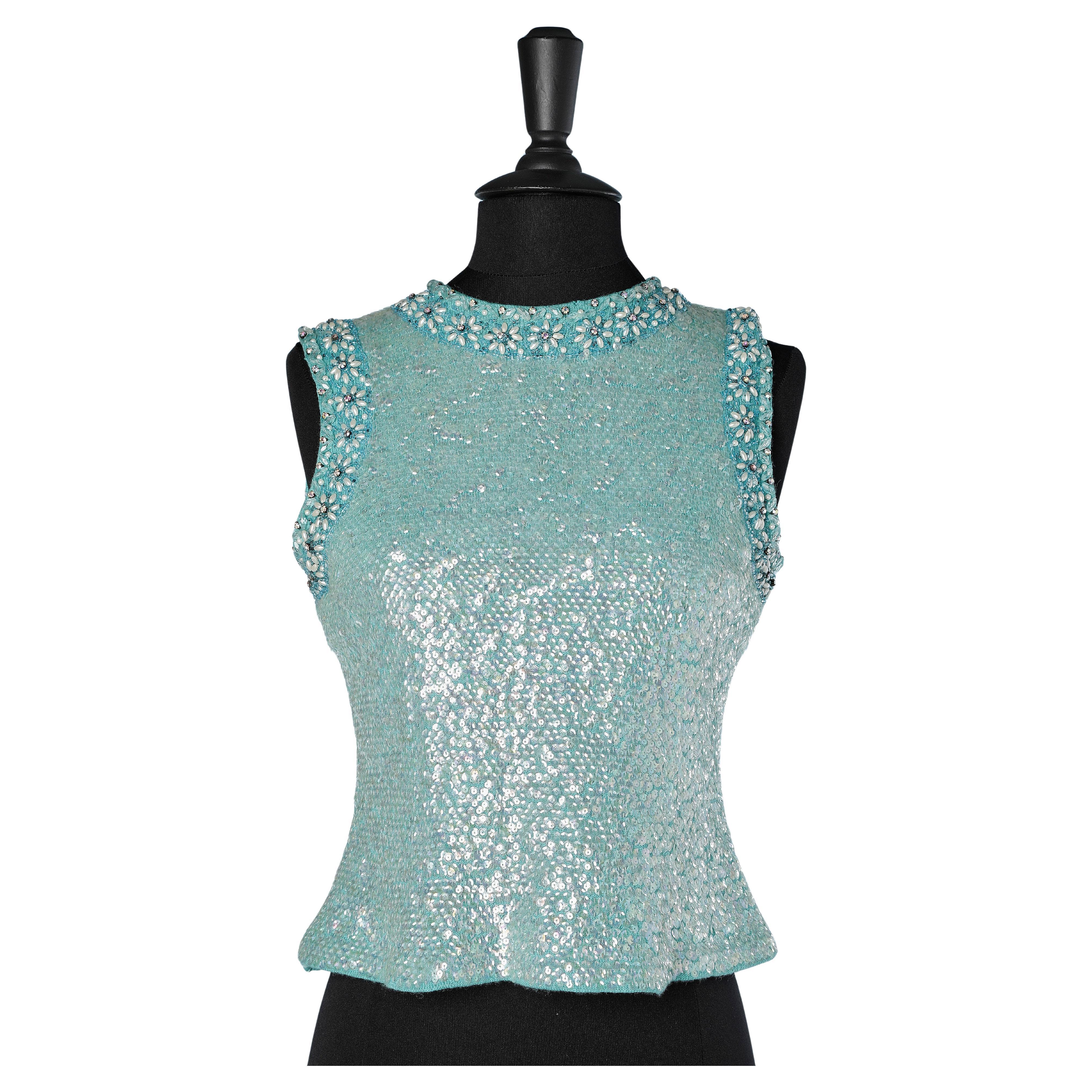 Blue knit sleeveless top covered with sequin, beads and rhinestone Lady Susan For Sale