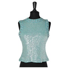 Blue knit sleeveless top covered with sequin, beads and rhinestone Lady Susan