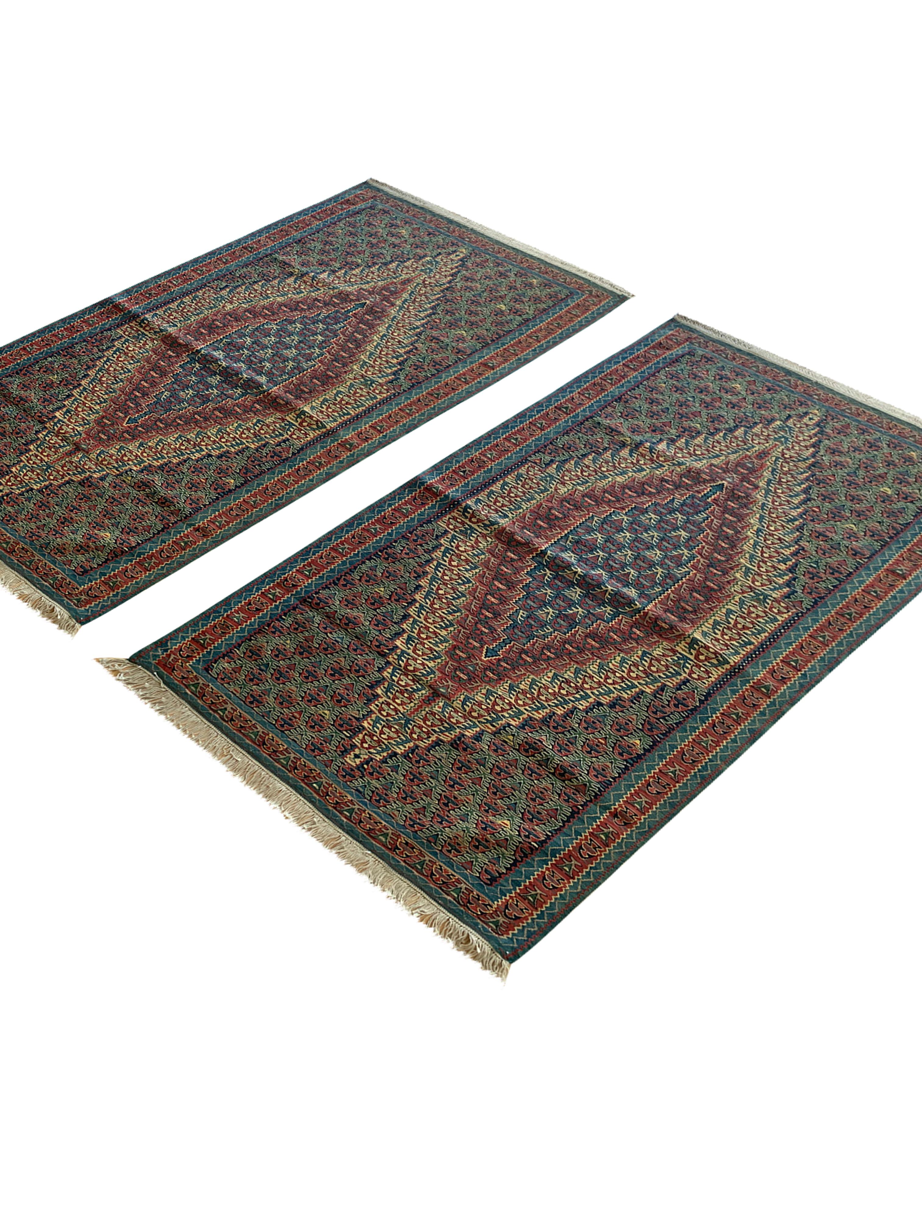 Blue Kurdish Kilim Rugs Pair of Handmade Flatwoven Wool Rugs For Sale 6