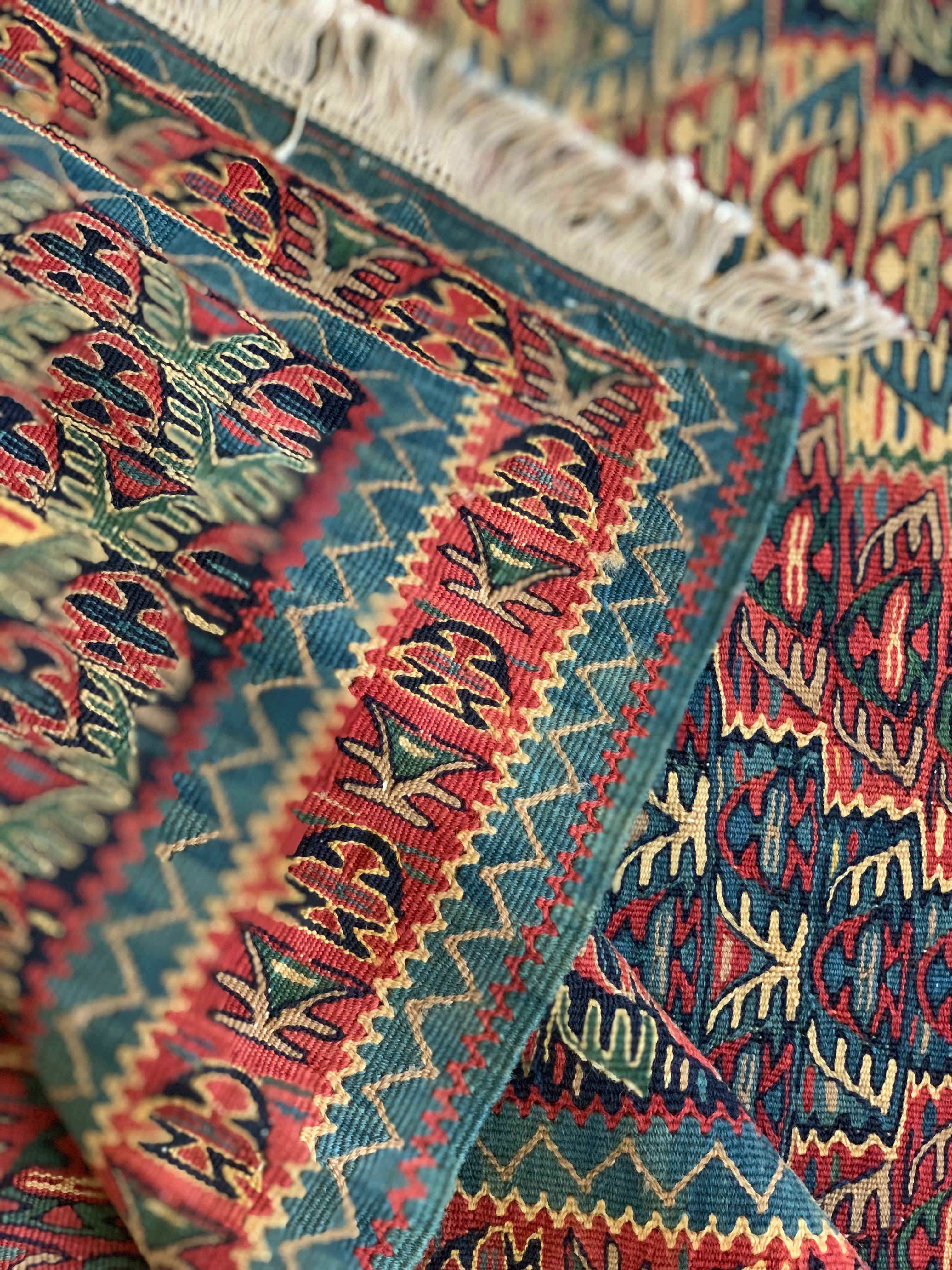Silk Blue Kurdish Kilim Rugs Pair of Handmade Flatwoven Wool Rugs For Sale