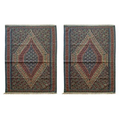 Blue Kurdish Kilim Rugs Pair of Handmade Flatwoven Wool Rugs