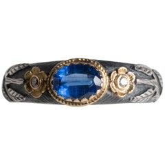 Blue Kyanite and Diamond 18 Karat Gold and Sterling Silver Ring