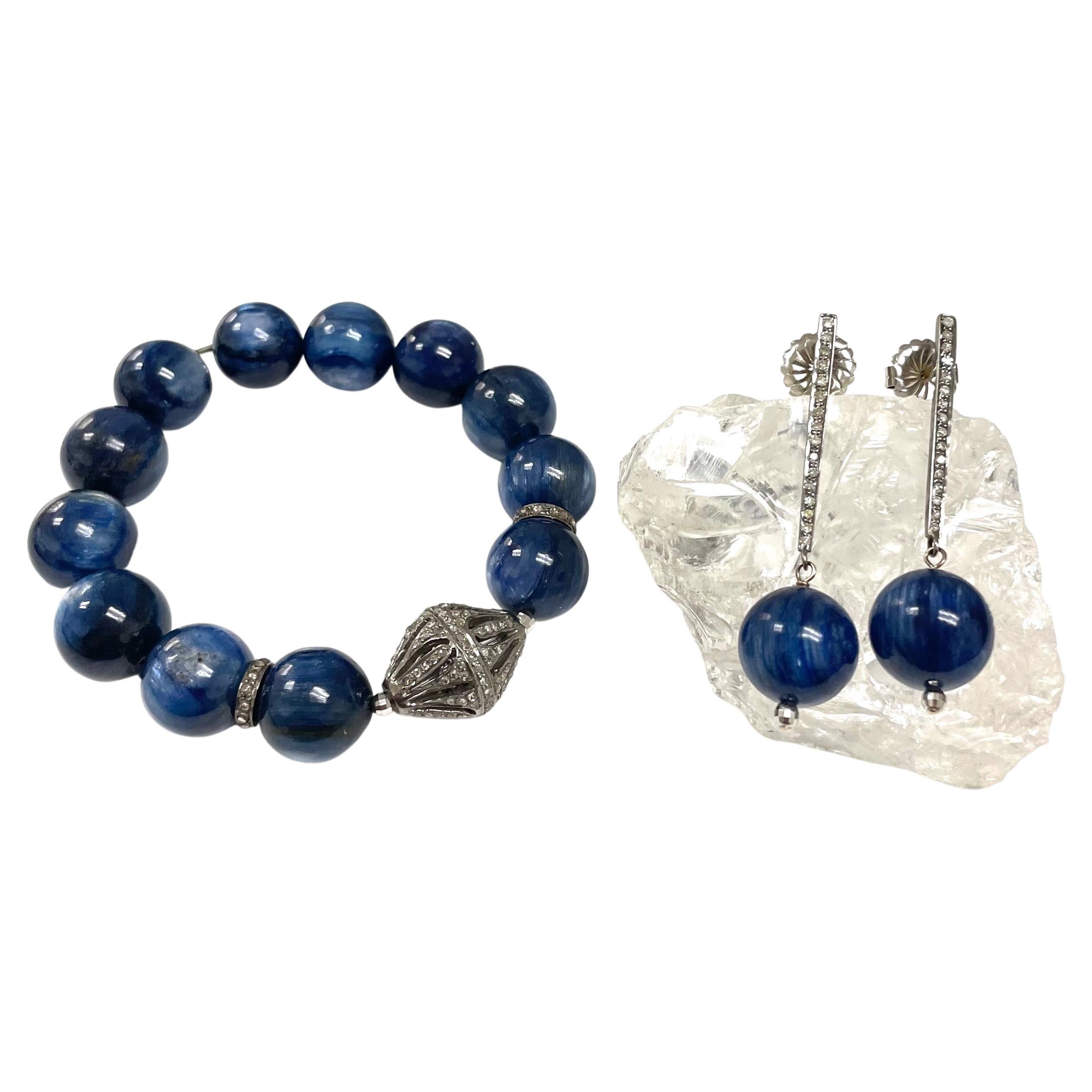 Ball Cut Blue Kyanite and Diamond Bracelet For Sale