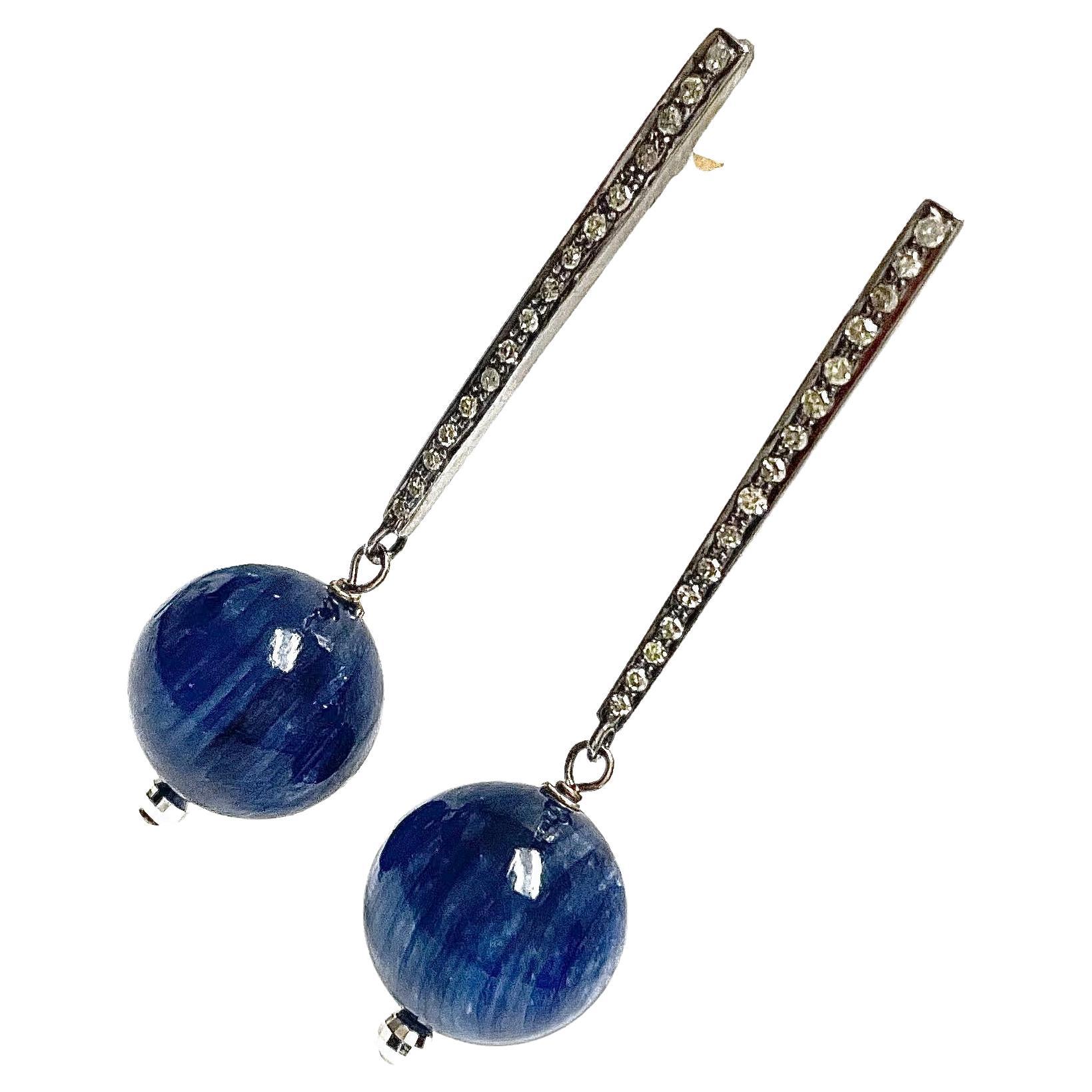 Artisan Blue Kyanite and Diamond Earrings For Sale
