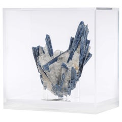 Blue Kyanite and Quartz Specimen on Acrylic Box, Natural Crystal Sculpture
