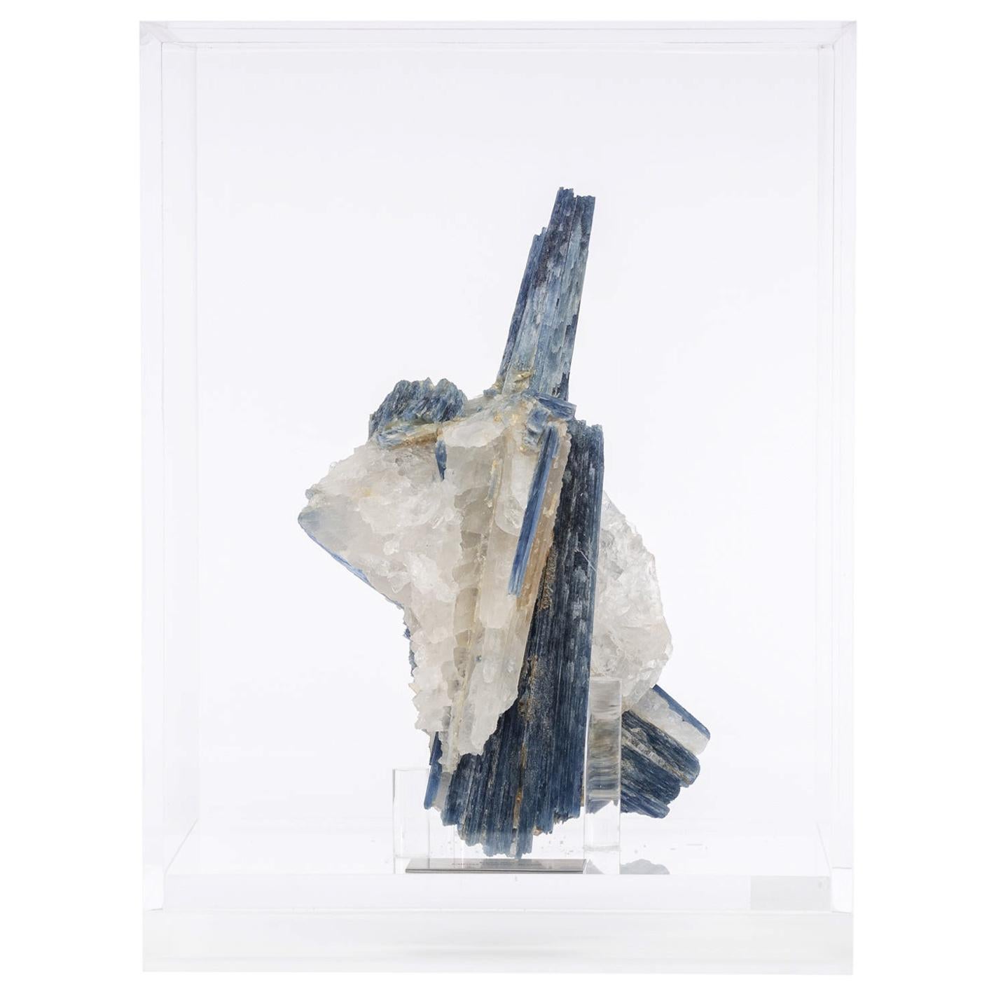Blue Kyanite and Quartz Specimen on Acrylic Box, Natural Crystal Sculpture