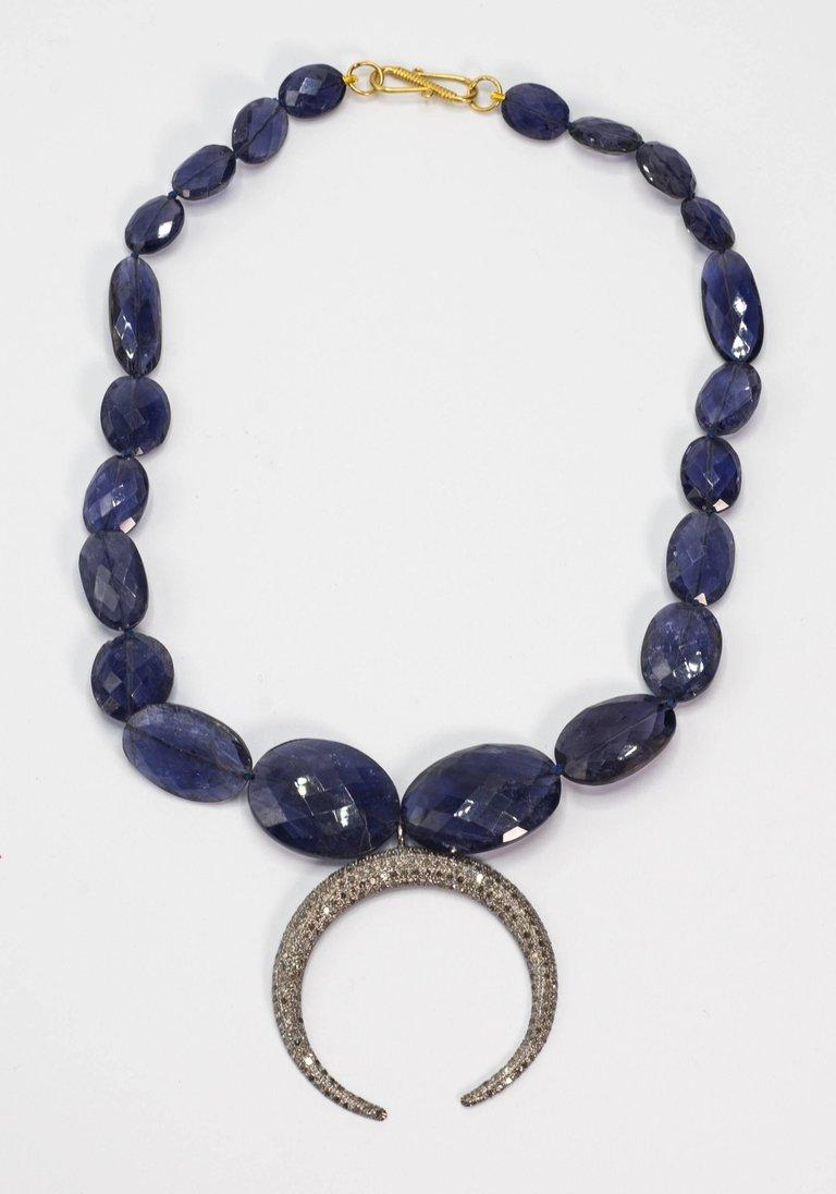 Blue  Kyanite Faceted Bead Steel Grey Diamond Crescent Necklace In New Condition In New York, NY