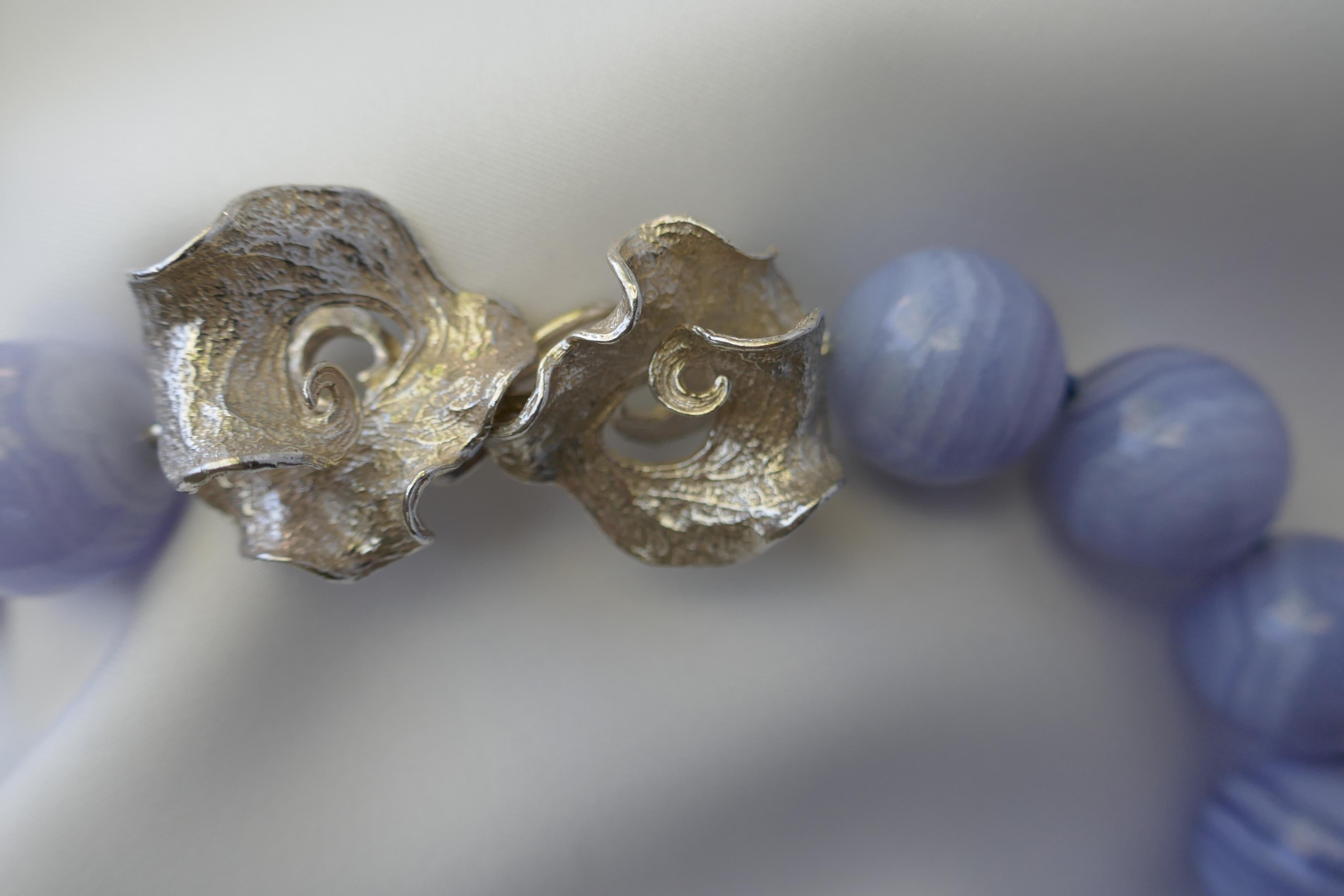 Contemporary Blue Lace Agate 925 Exclusive Sterling Silver Clasp Gemstone Necklace For Sale