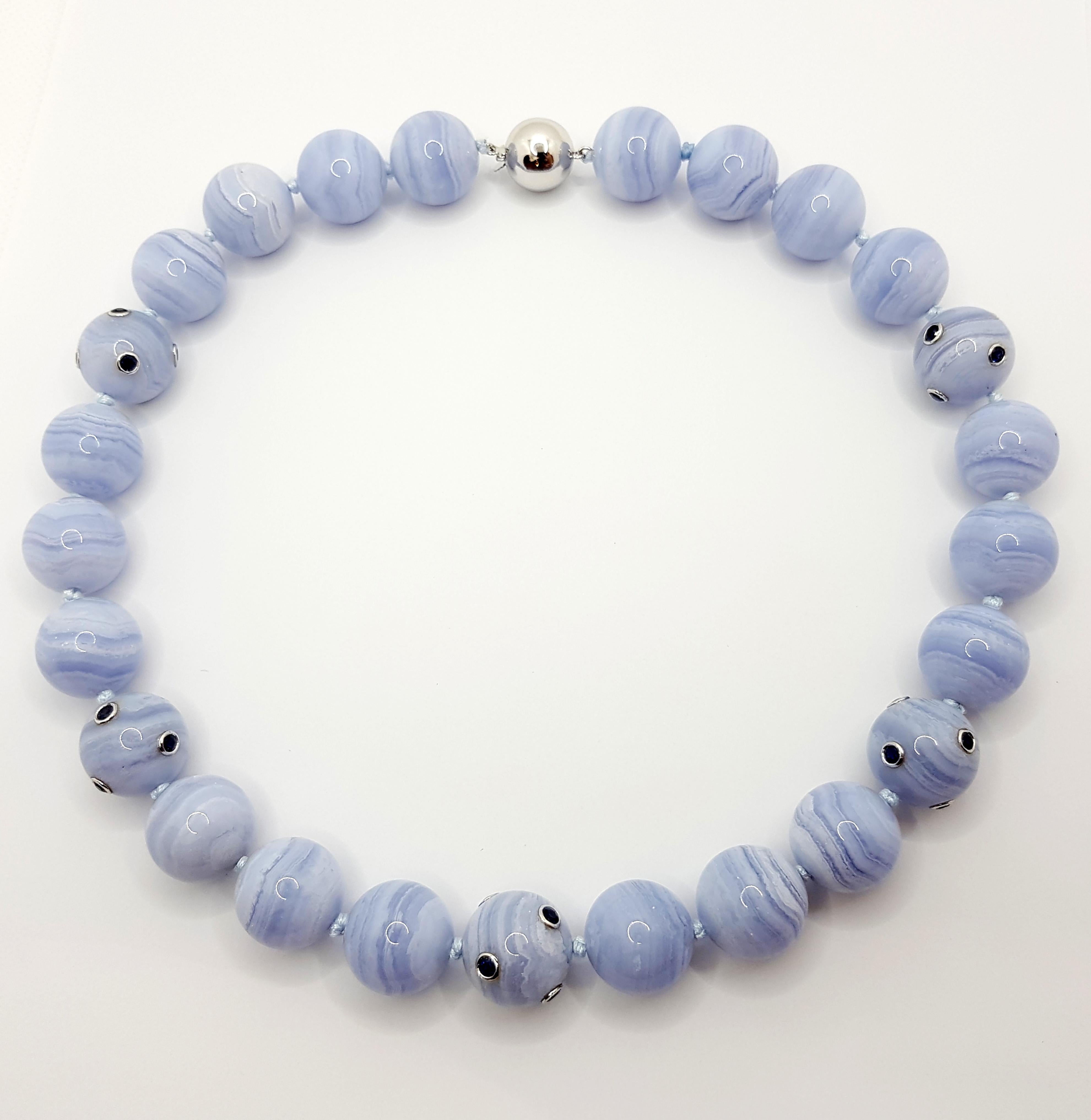 Contemporary Blue Lace Agate and Blue Sapphire with 18 Karat White Gold Clasp For Sale