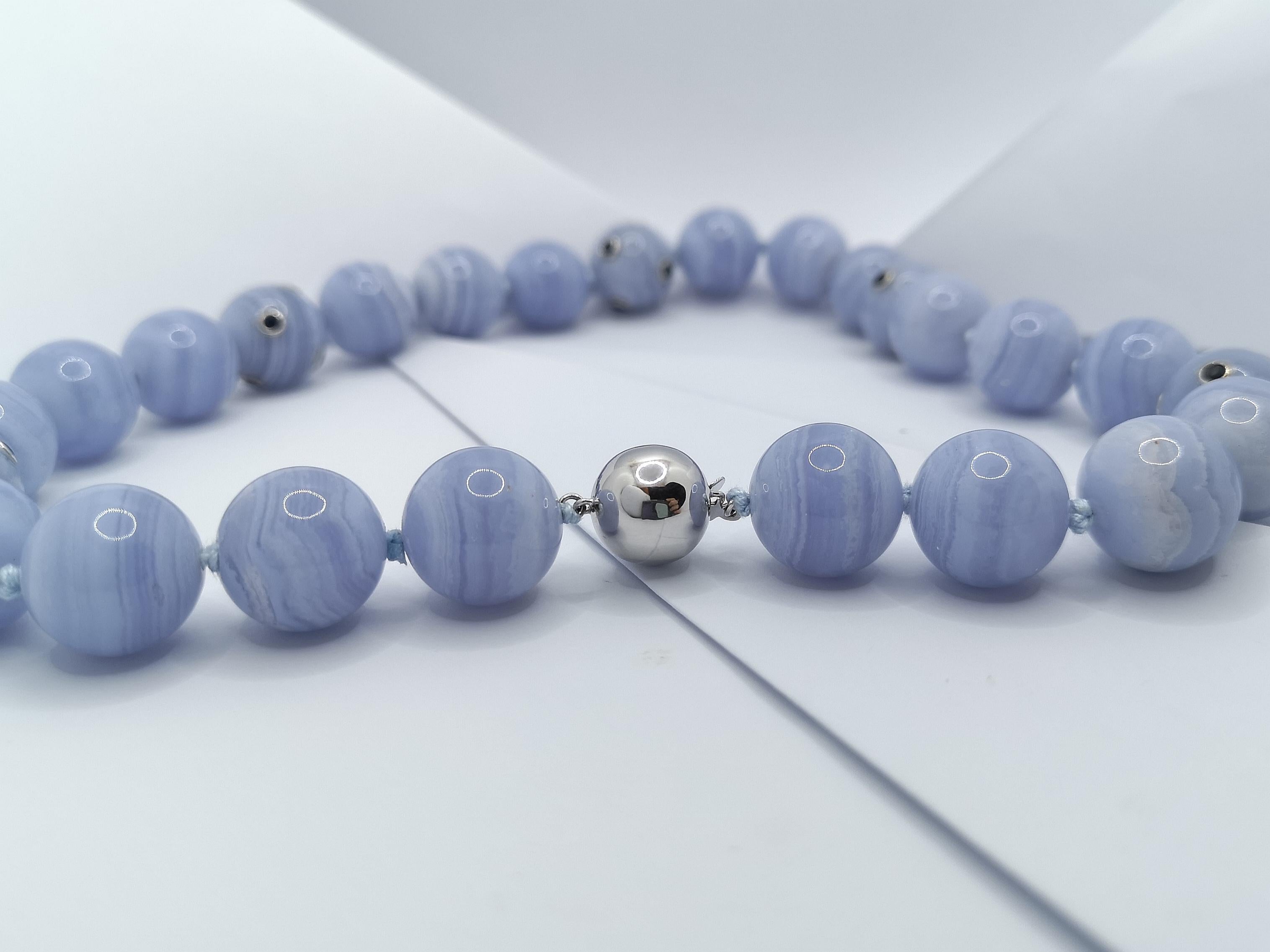 Bead Blue Lace Agate and Blue Sapphire with 18 Karat White Gold Clasp For Sale