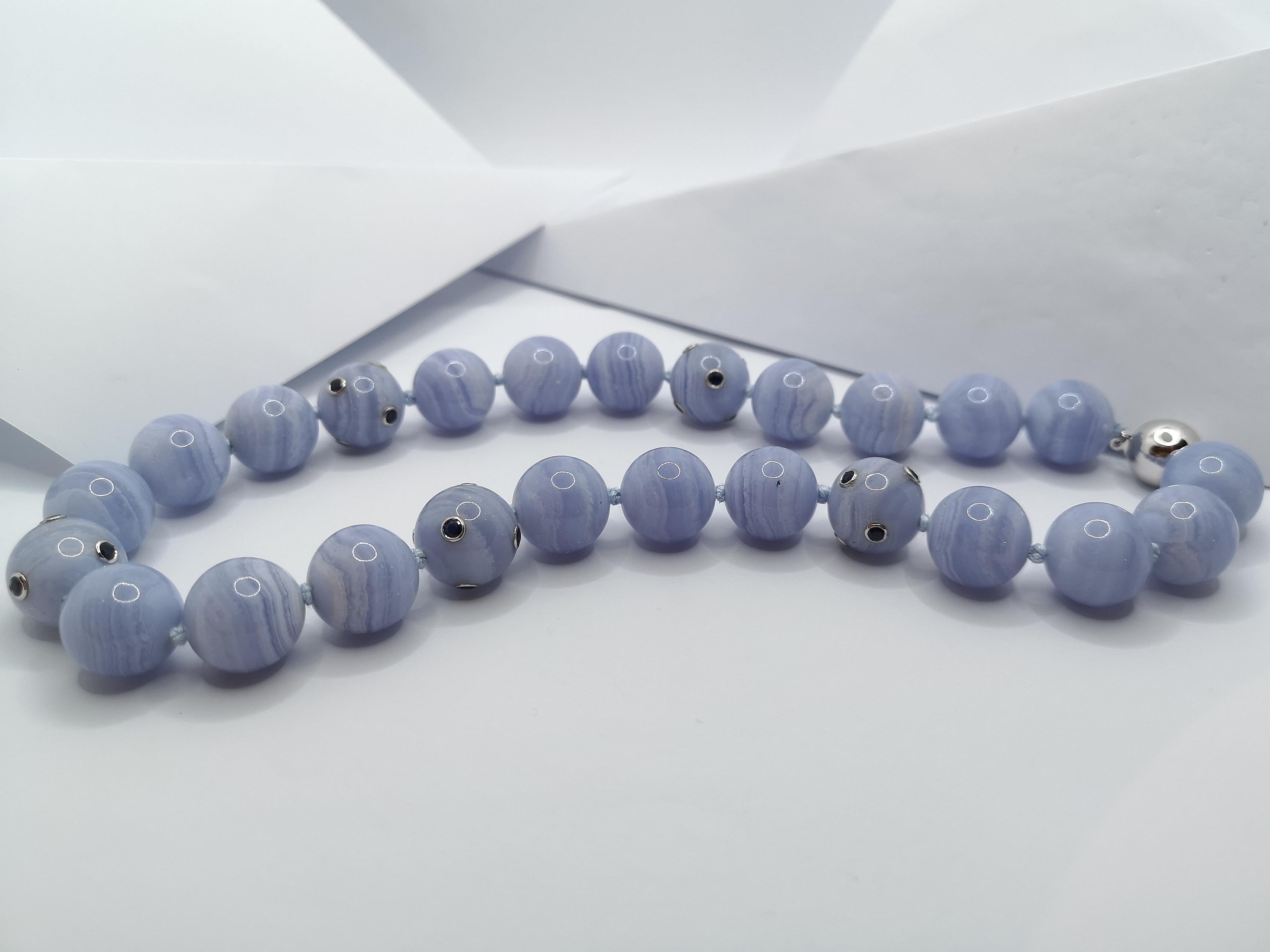 Women's Blue Lace Agate and Blue Sapphire with 18 Karat White Gold Clasp For Sale