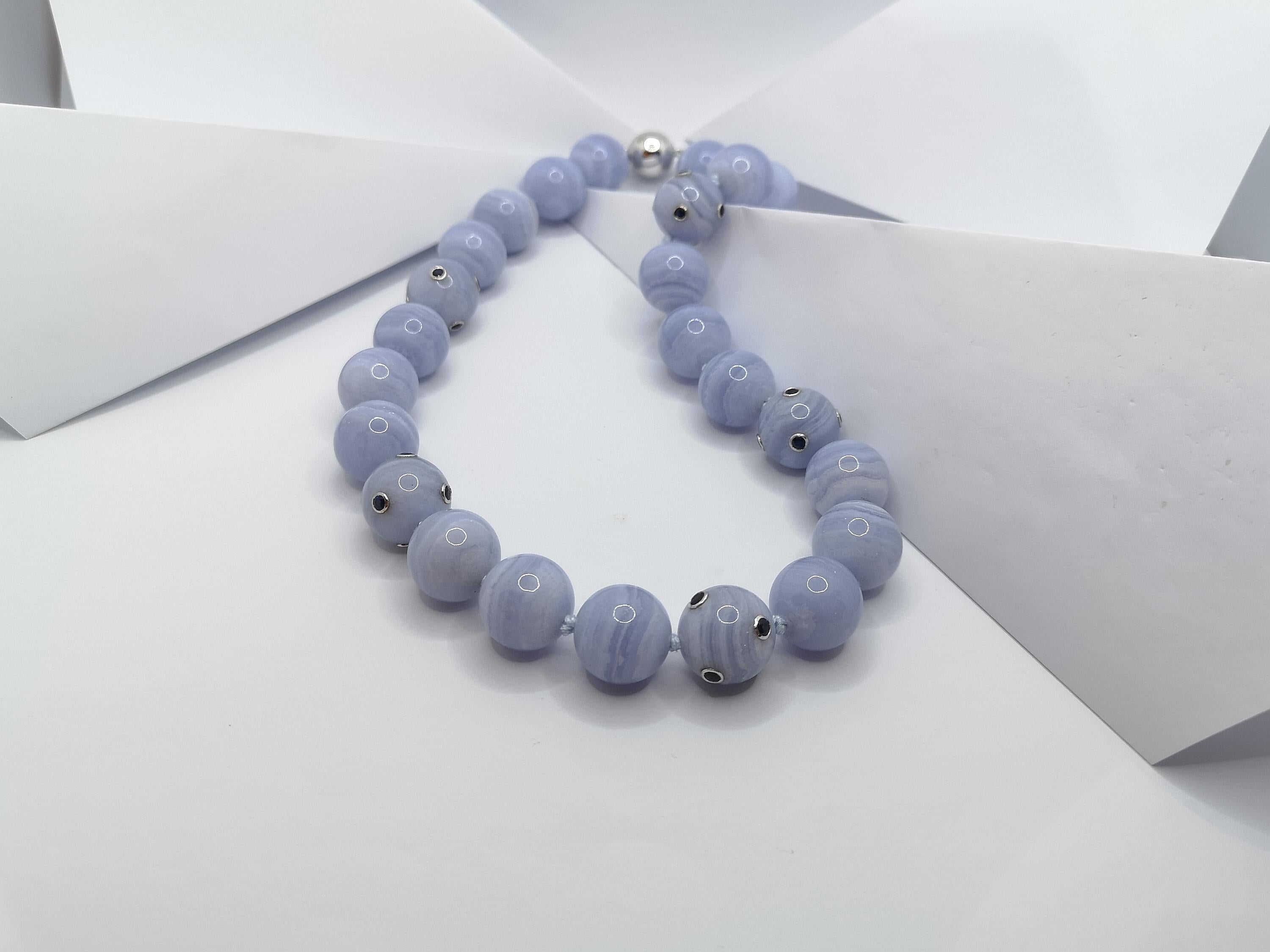 Blue Lace Agate and Blue Sapphire with 18 Karat White Gold Clasp For Sale 1