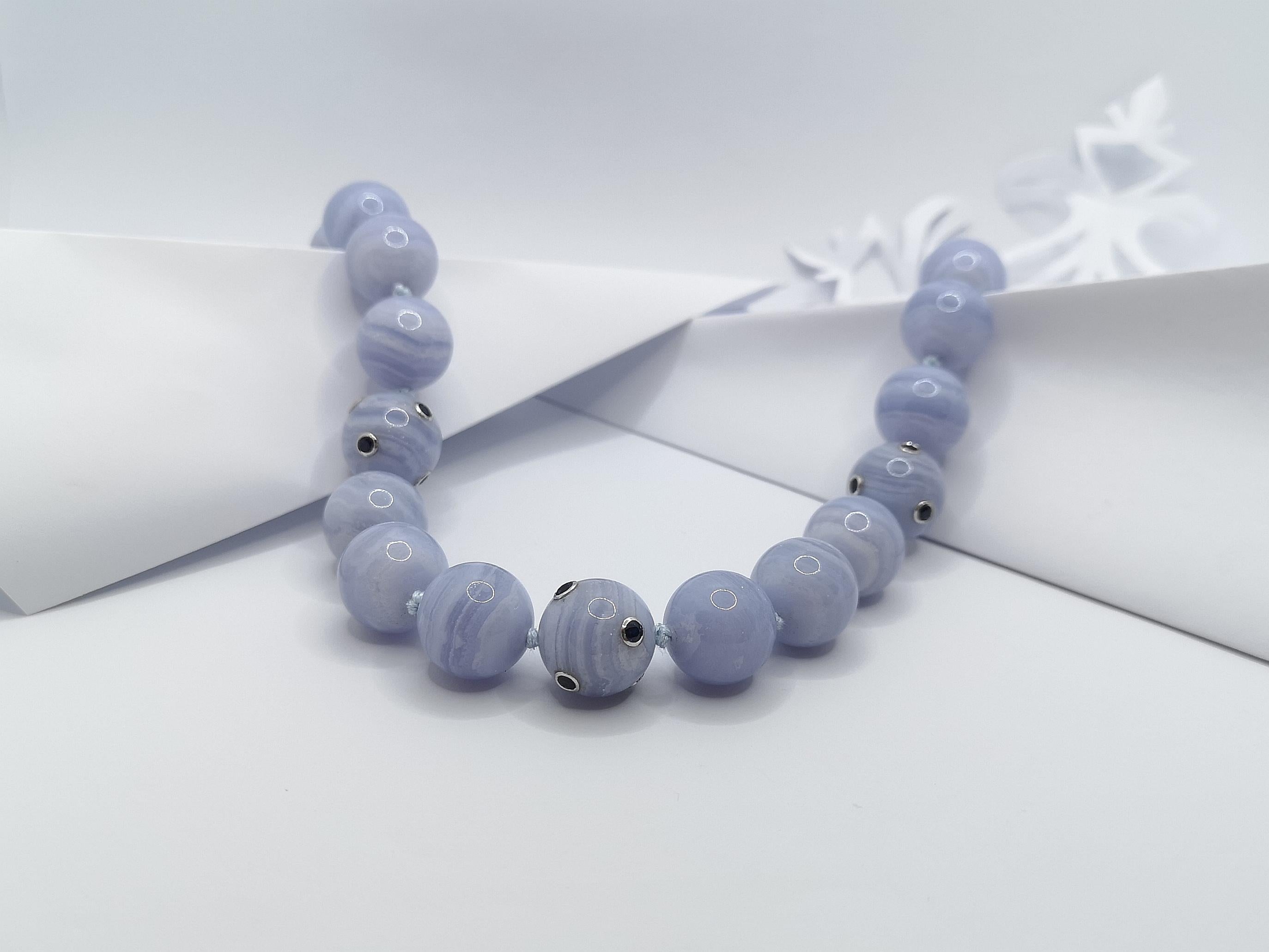 Blue Lace Agate and Blue Sapphire with 18 Karat White Gold Clasp For Sale 2