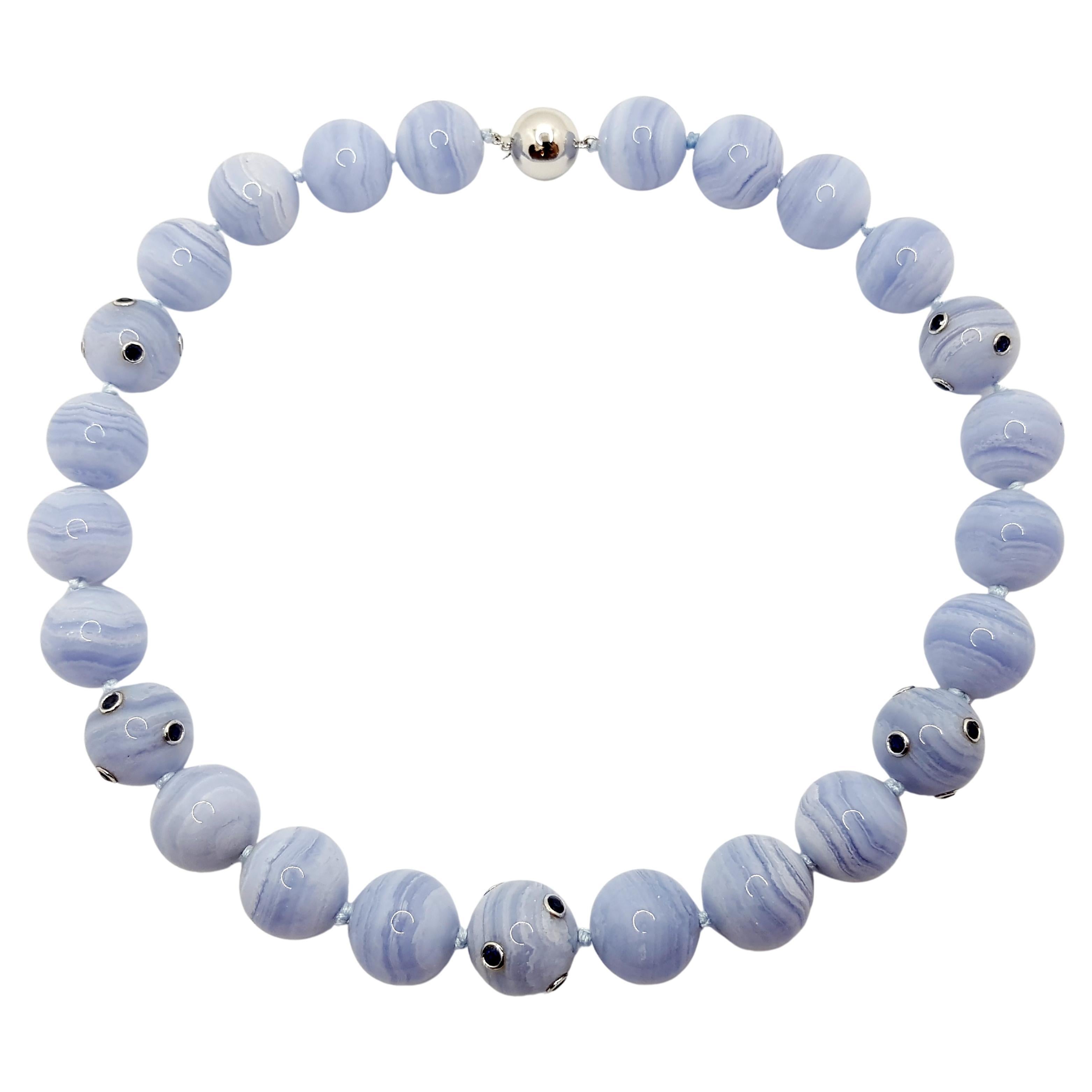 Blue Lace Agate and Blue Sapphire with 18 Karat White Gold Clasp For Sale