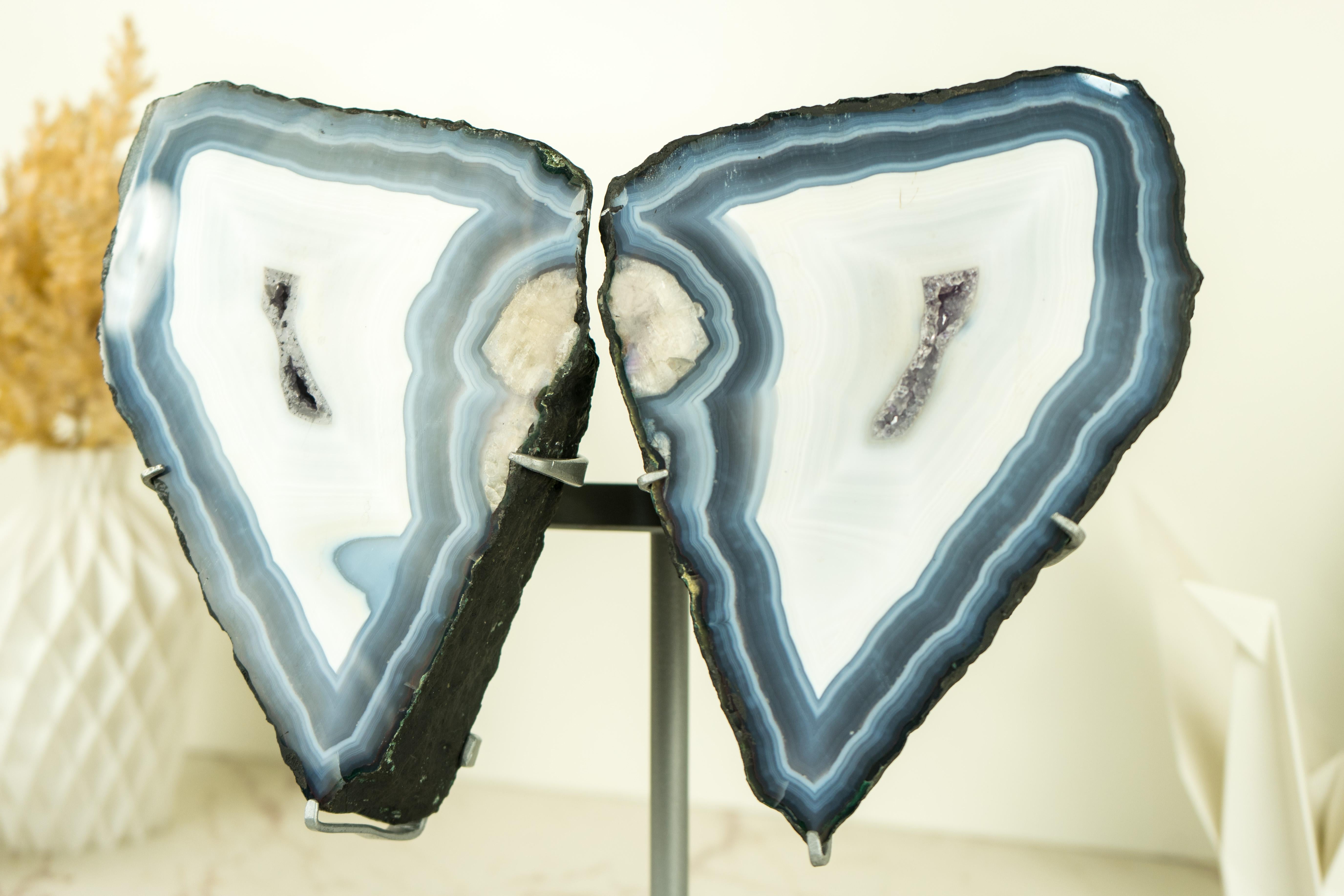 Blue Lace Agate Butterfly Geode Wings with AAA Agate and Amethyst Druzy For Sale 5